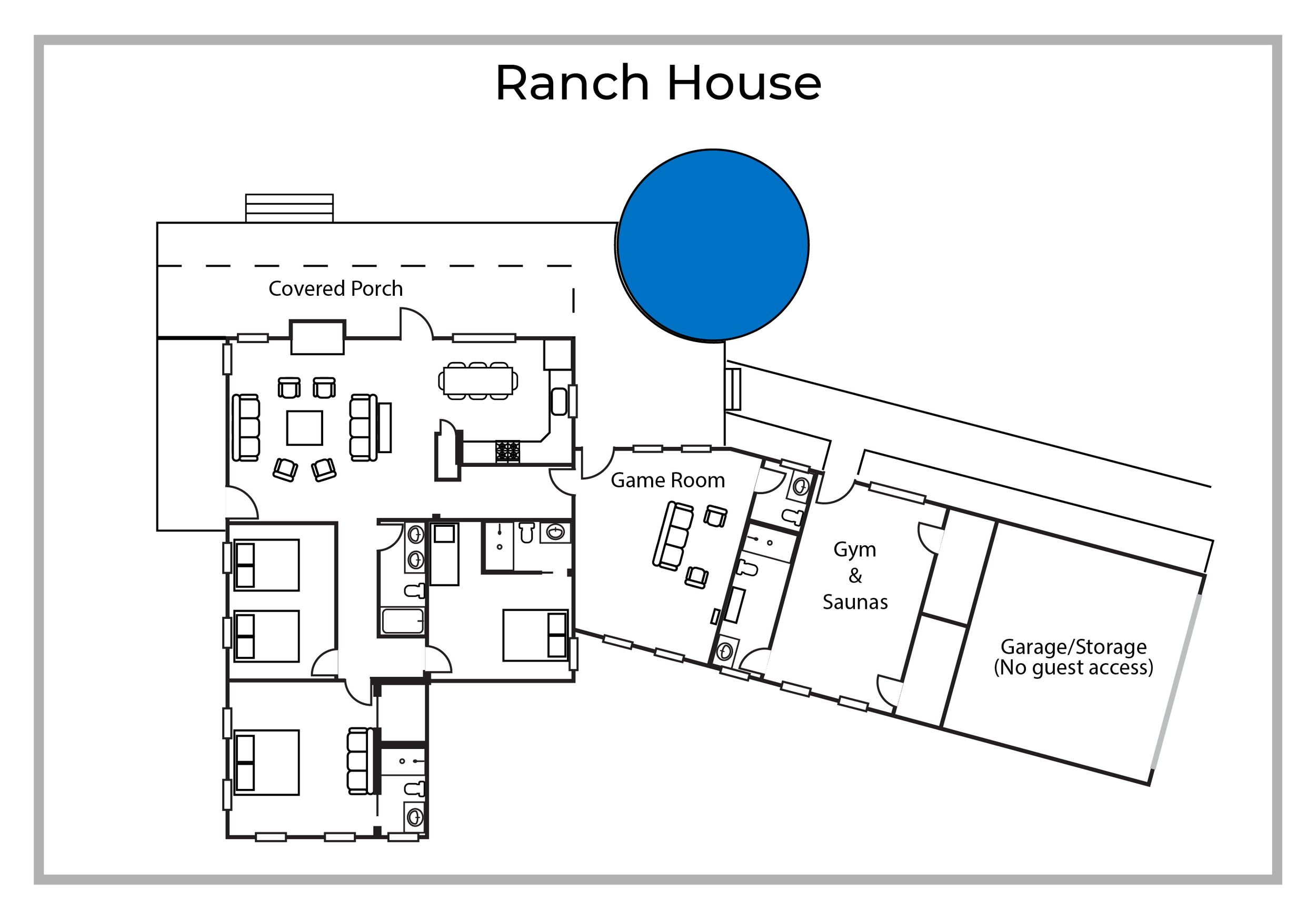 Architectural floor plan of a ranch-style house, showing rooms such as a living room, game room, gym and saunas, garage, and a covered porch, with a large blue circular tree outside.