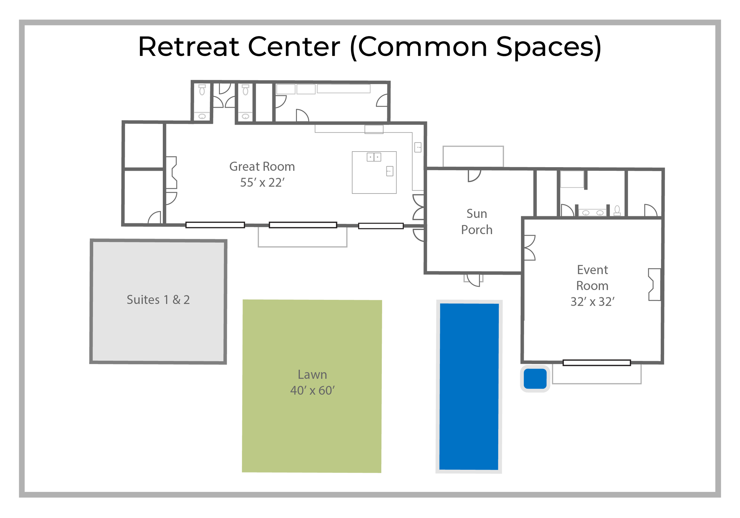 Blueprint of a retreat center layout showing areas labeled Great Room, Sun Porch, Event Room, Suites, Lawn, and Pools.