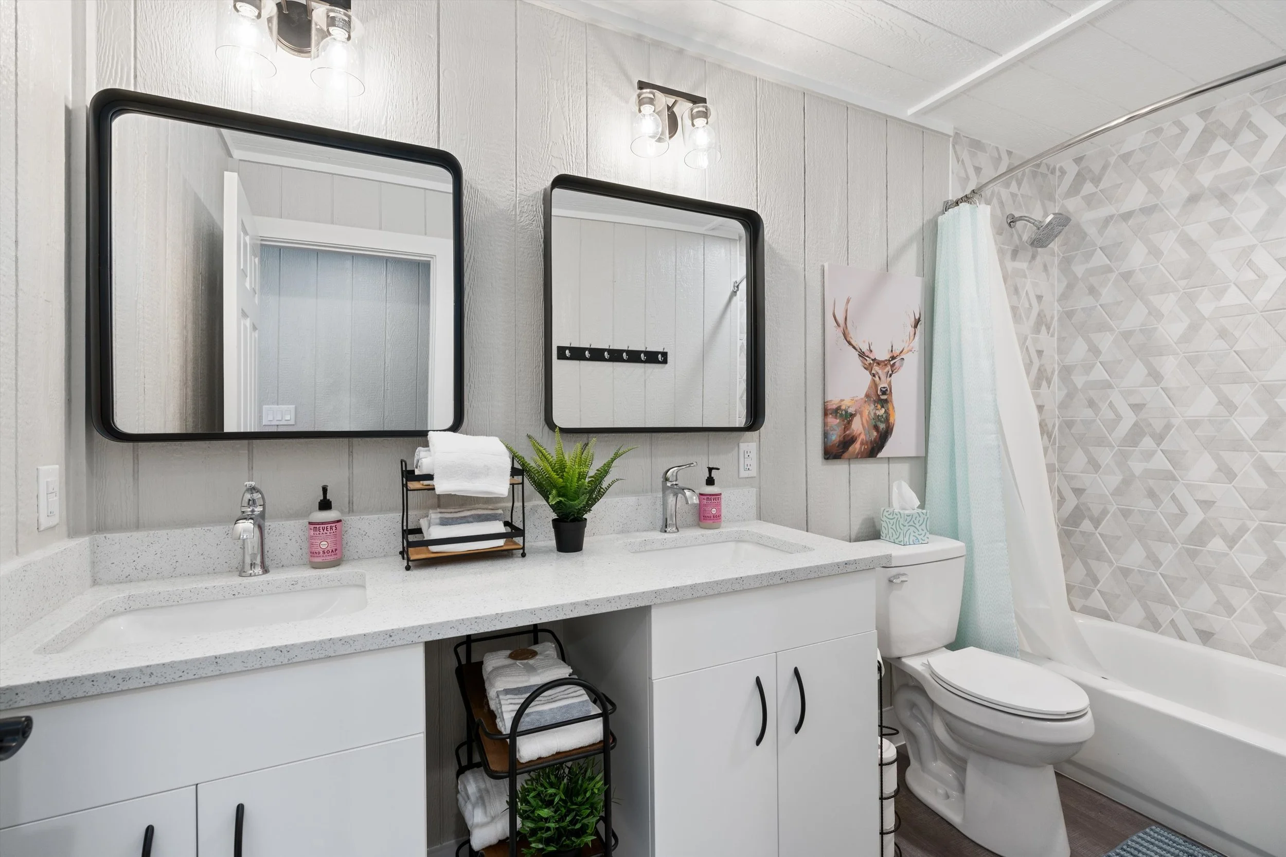 Bathroom with two mirrors above a white countertop with sinks, a light fixture, a potted plant, and decorative items including towels, soap, and a tissue box. There is a clawfoot bathtub with a shower curtain and a geometric tile wall.