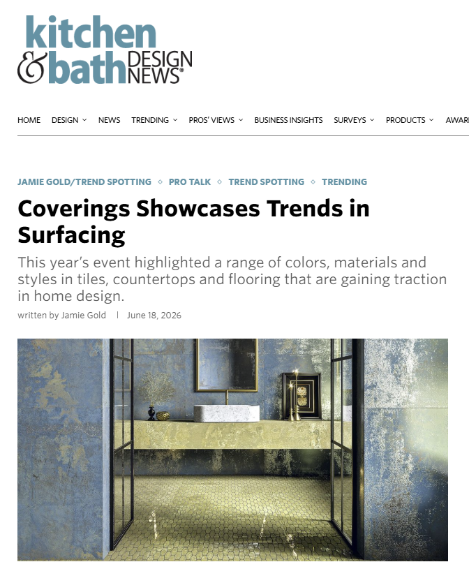 Andrew Mikhael Architect featured in Coverings 2026 coverage by design journalist Jamie Gold, sharing insights on the new generation of porcelain slabs and tile trends from the show floor.