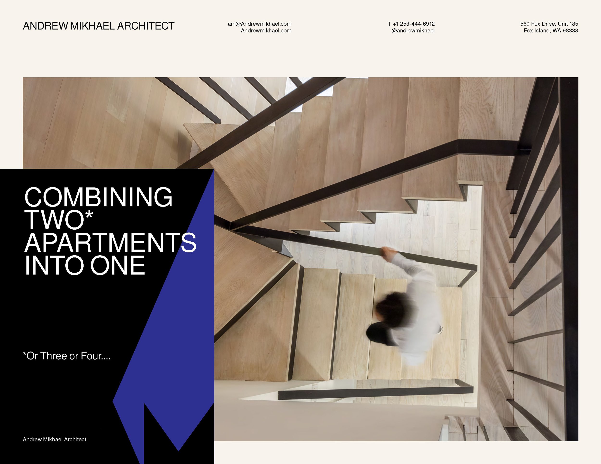 Architectural flyer featuring a spiral staircase and text about apartment combinations