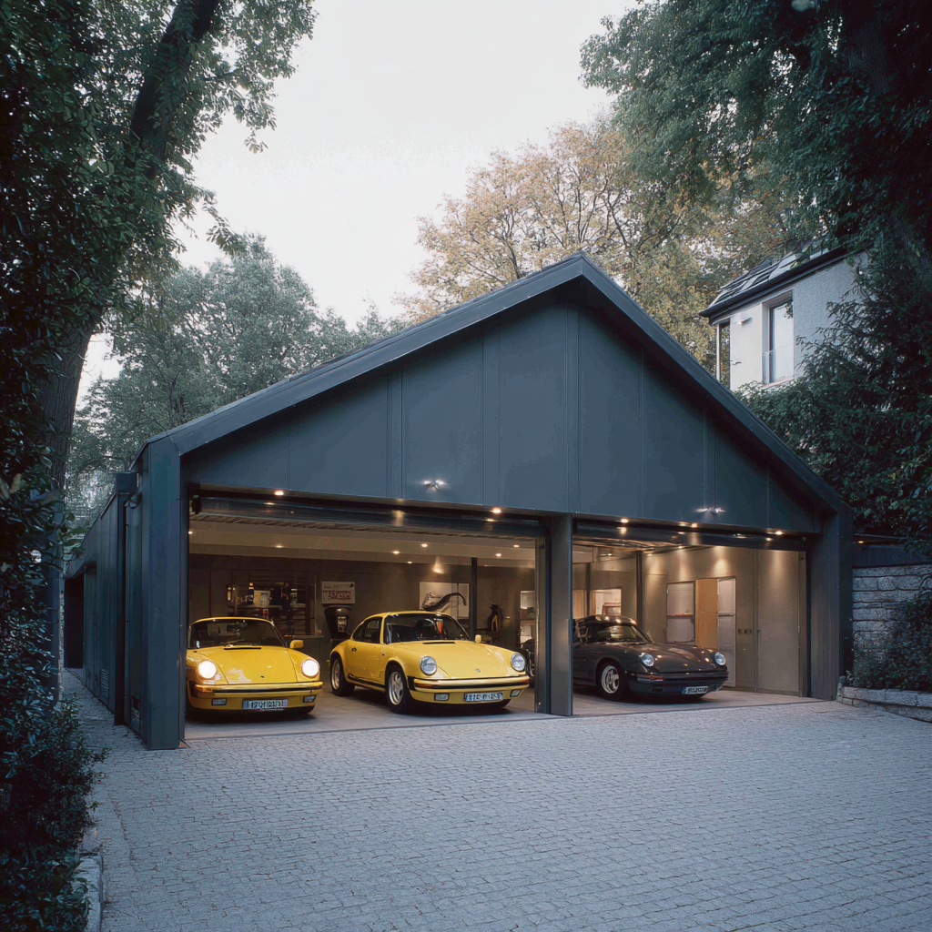 Modern 3-bay detached luxury garage design in Gig Harbor featuring storage for vintage Porsche 911s. A custom residential accessory structure built on a wooded lot in Pierce County, showcasing high-end car collector storage.
