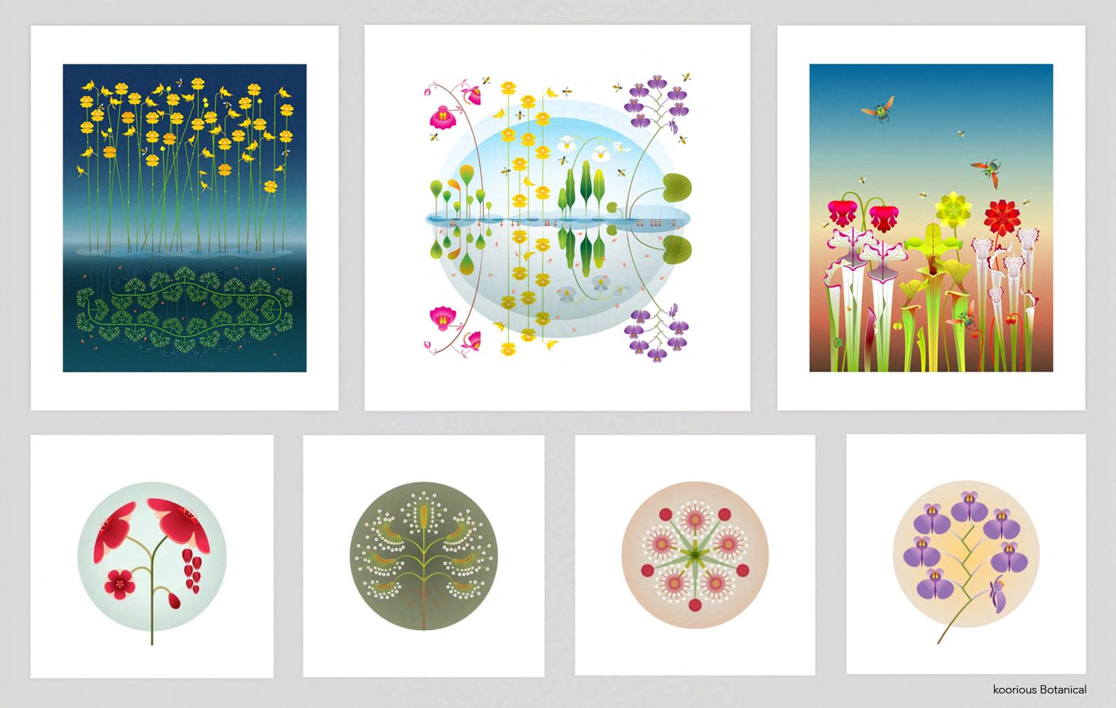 Collage of seven colorful botanical art prints featuring stylized flowers, aquatic plants, hummingbirds, bees, and symmetrical floral designs.