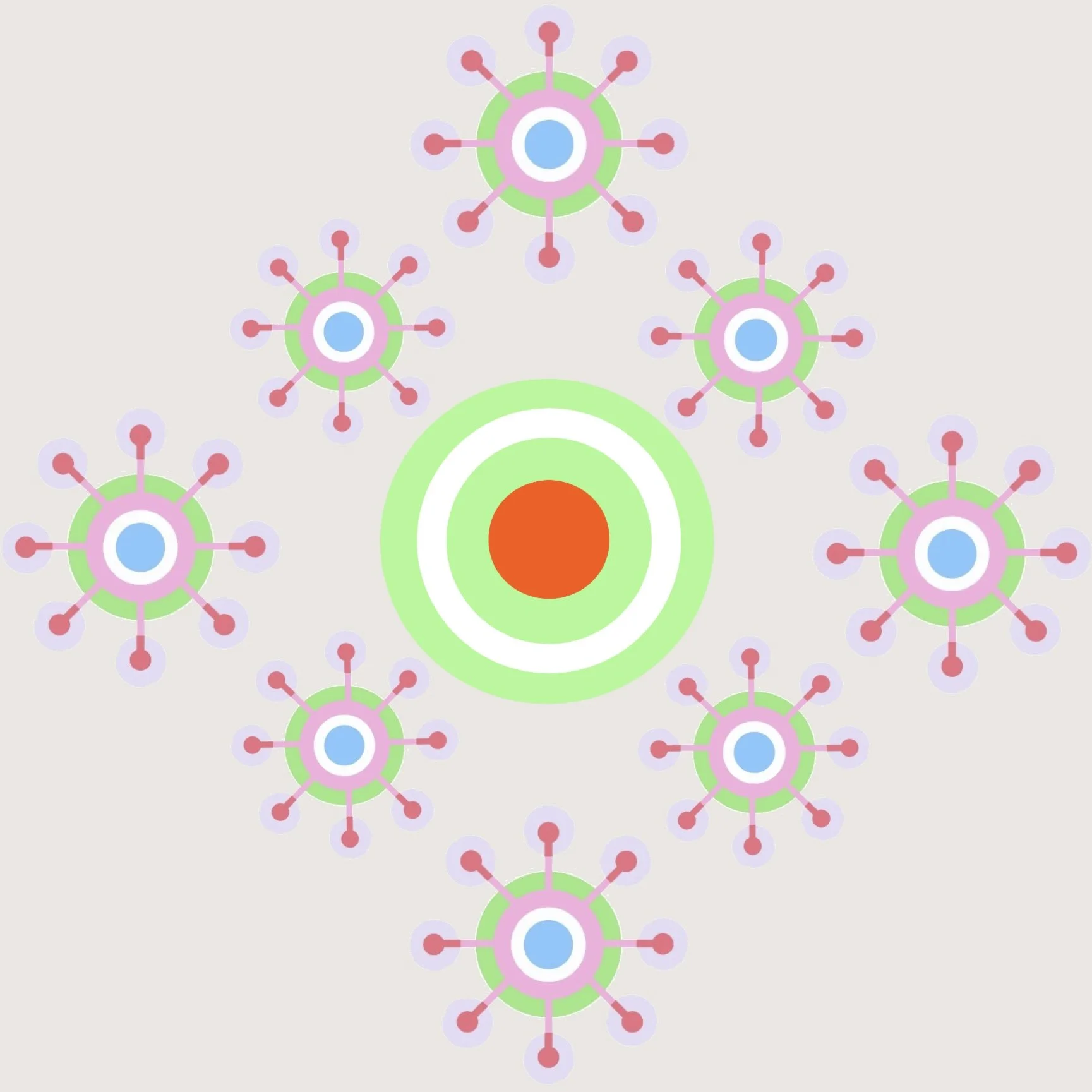 Illustration of a large colorful virus particle surrounded by smaller virus particles on a light background
