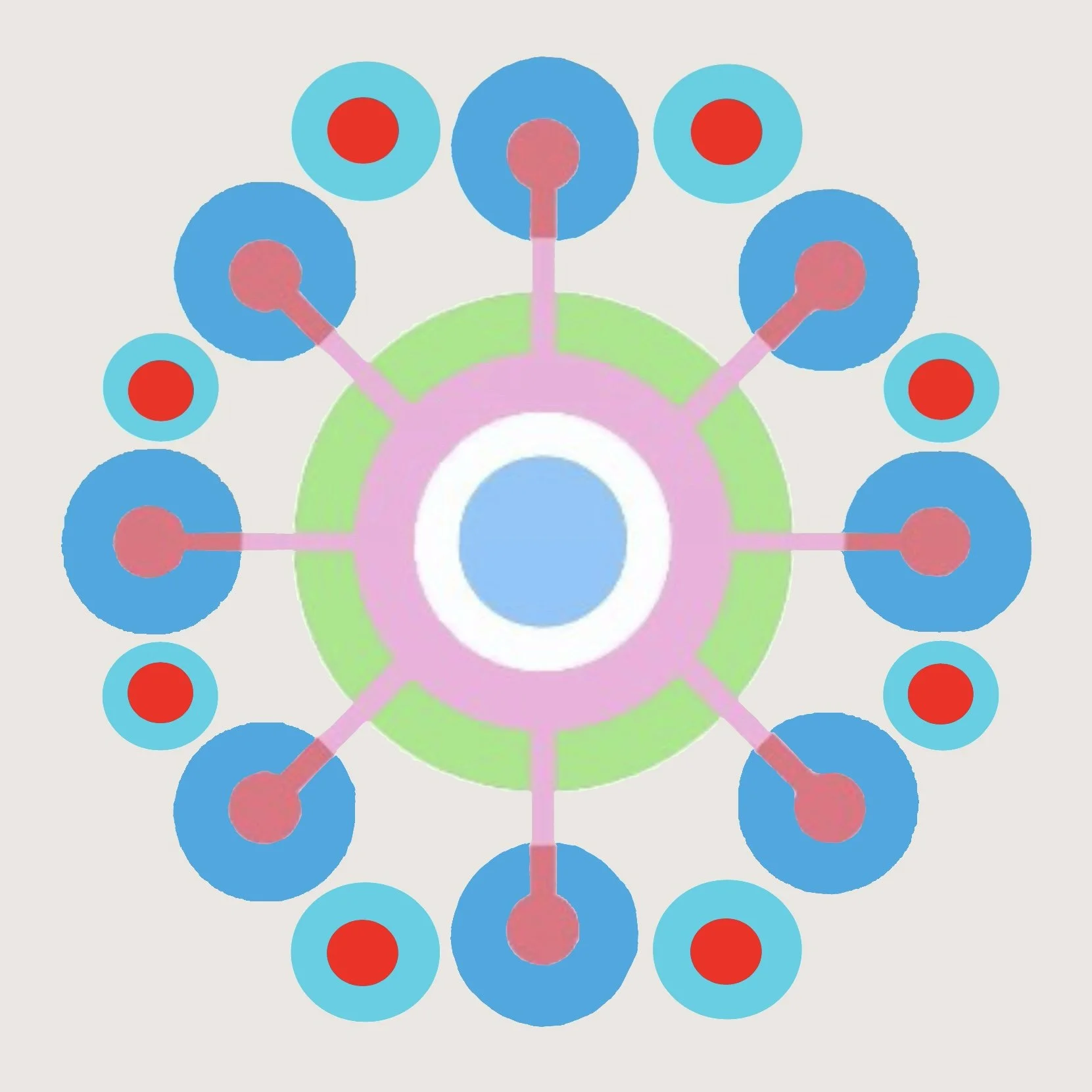 Colorful abstract radial diagram with concentric circles and spokes connecting blue and turquoise nodes with red centers