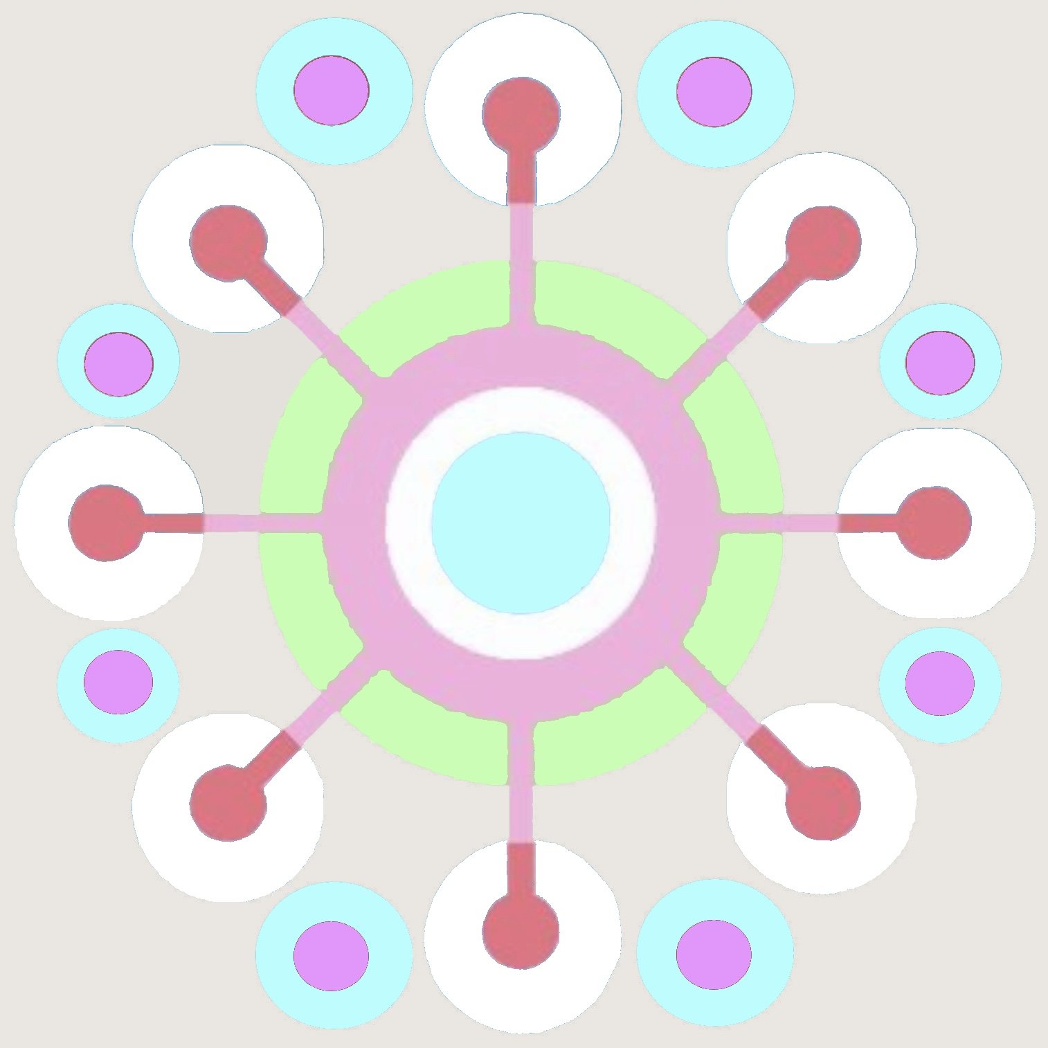Colorful radial molecular diagram with a central blue circle, pink and green rings, and red spokes connecting surrounding circular elements.