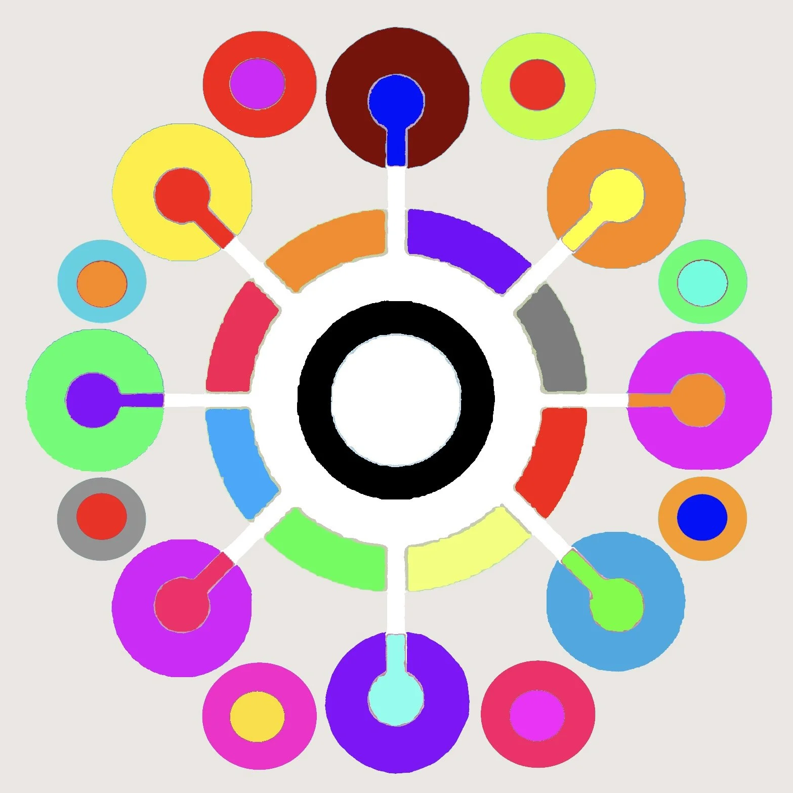 Colorful abstract circular diagram with a central ring, segmented wheel, and surrounding multicolored concentric circles connected by white lines