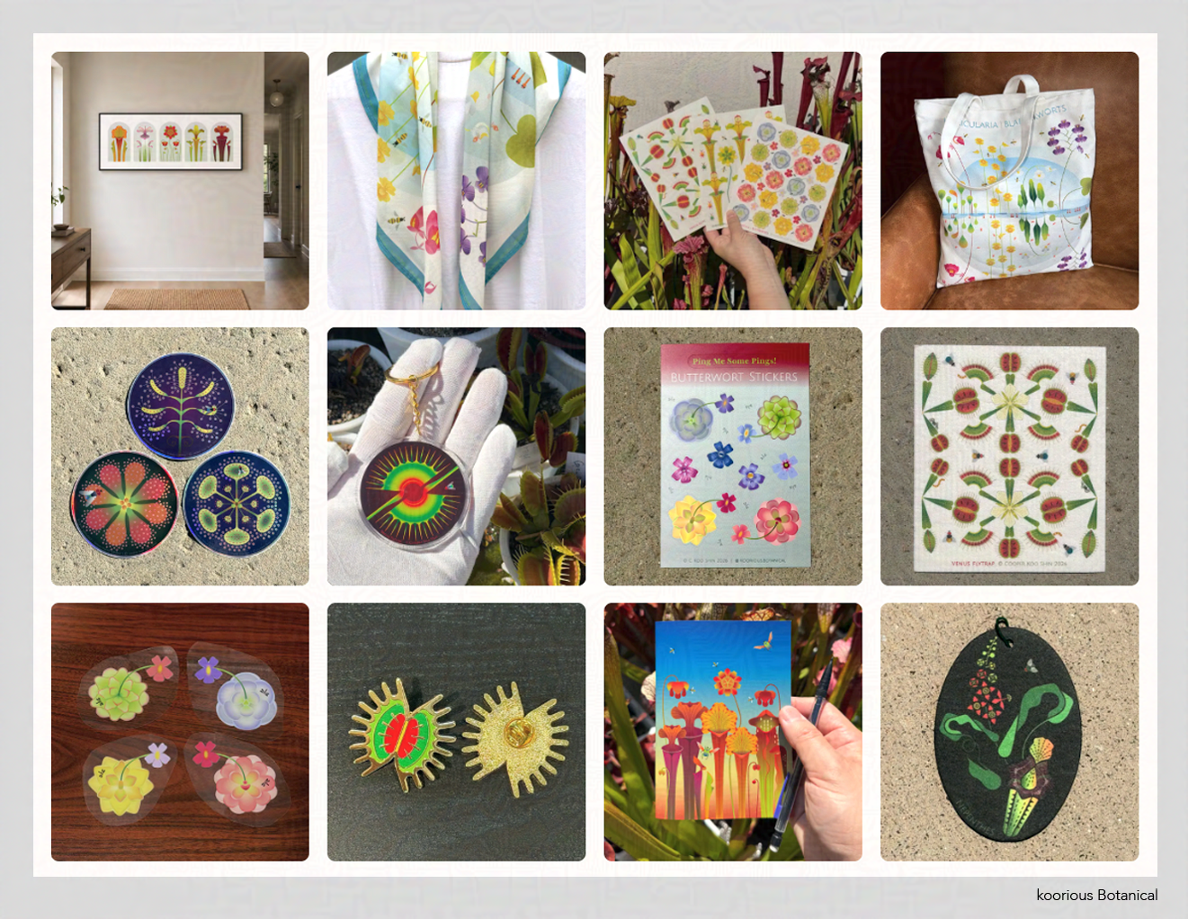 Collage of colorful botanical artwork, floral scarves, stickers, jewelry, tote bags, and decorative flower designs by Koorious Botanical