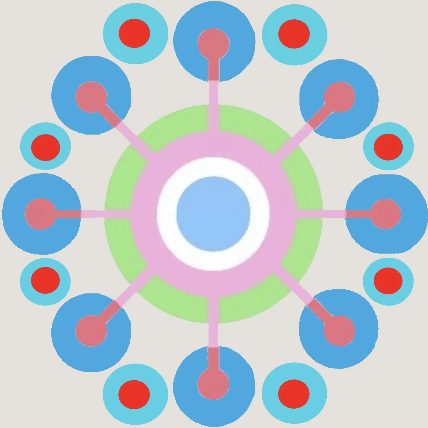 Colorful abstract radial diagram with concentric circles and spokes connecting blue and turquoise nodes with red and pink centers