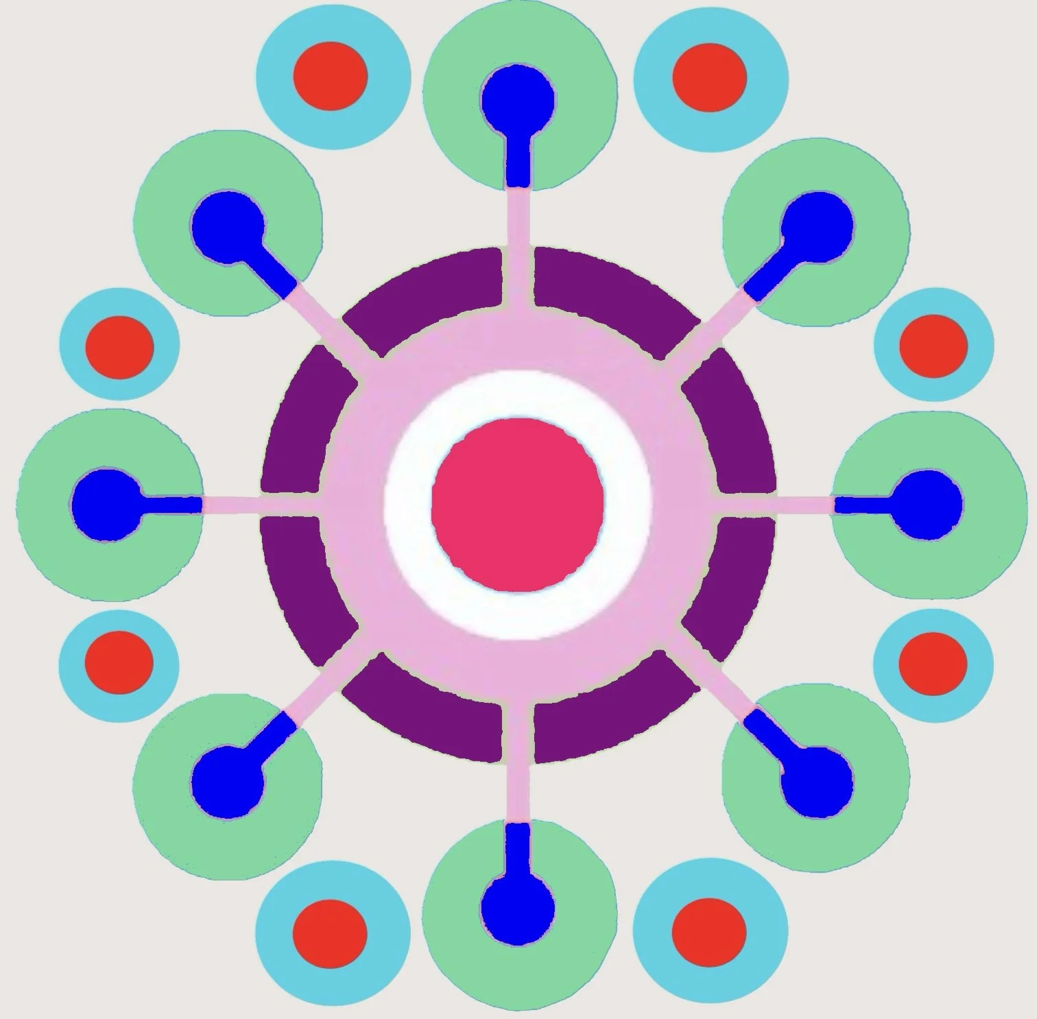 Colorful stylized molecular diagram with a central pink atom surrounded by purple electron shells, blue-green orbital shapes, and red outer electrons.