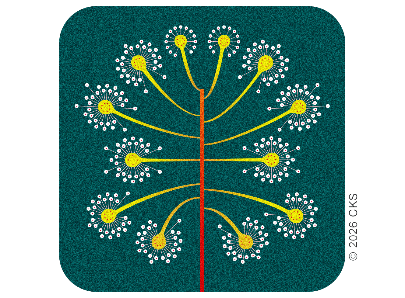 Stylized yellow branching diagram with ten dandelion-like circular nodes on a teal background