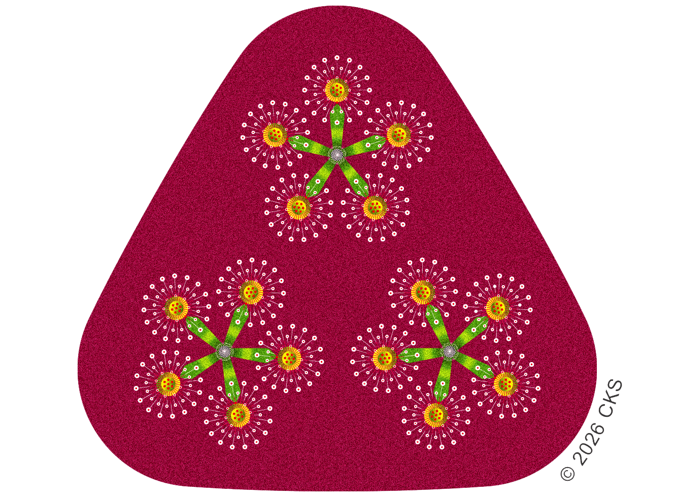 Decorative magenta triangular design featuring three clusters of colorful dandelion-like floral motifs connected by green stems