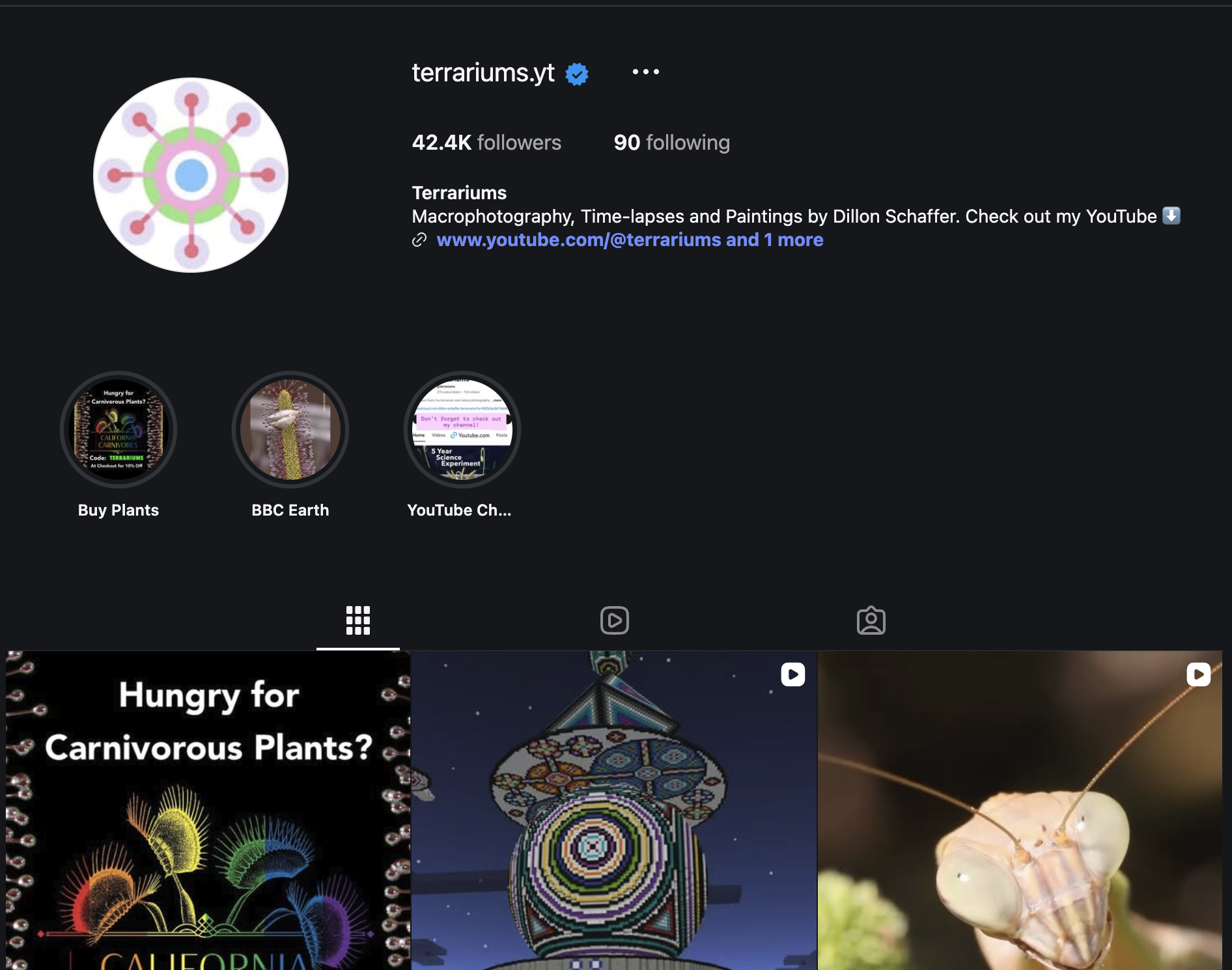 Instagram profile page for Terrariums.yt featuring macro photography, time-lapses, carnivorous plants, colorful artwork, and a close-up praying mantis
