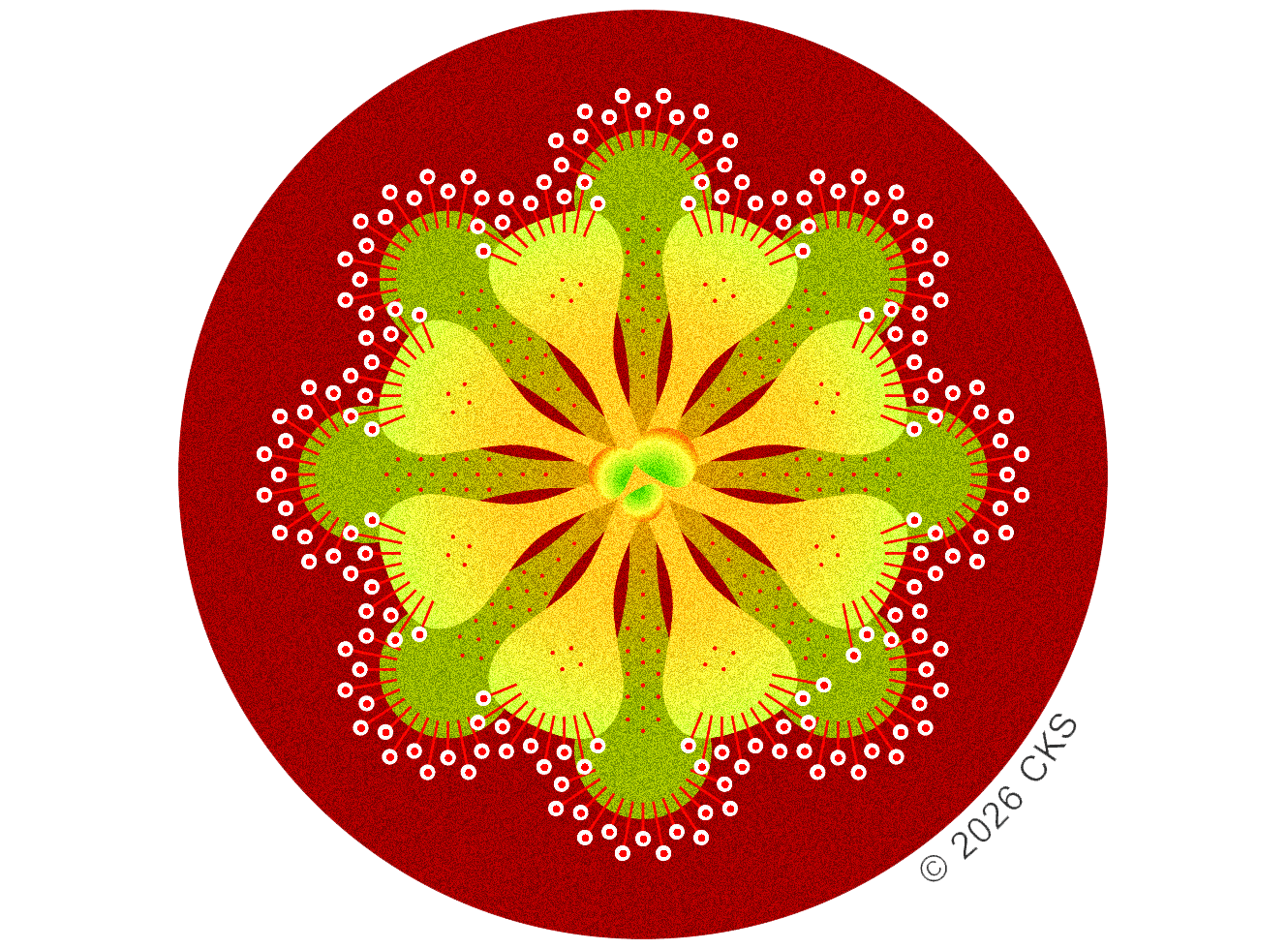 Illustration of a pink flower cross-section showing five petals, green sepals, yellow stamens, and a central pistil.