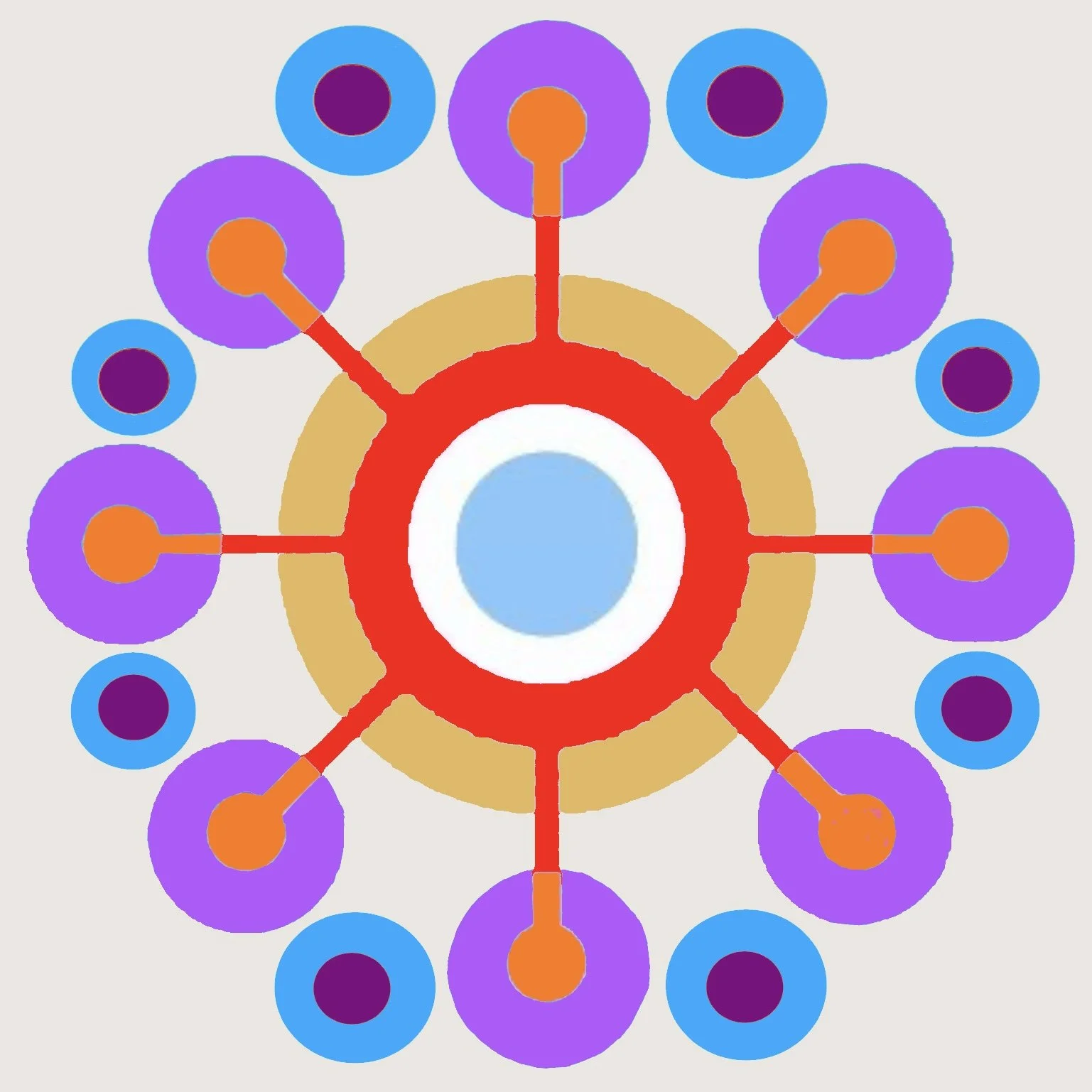 Colorful abstract radial diagram with a central blue-and-white circle, red spokes, purple nodes, and blue outer circles