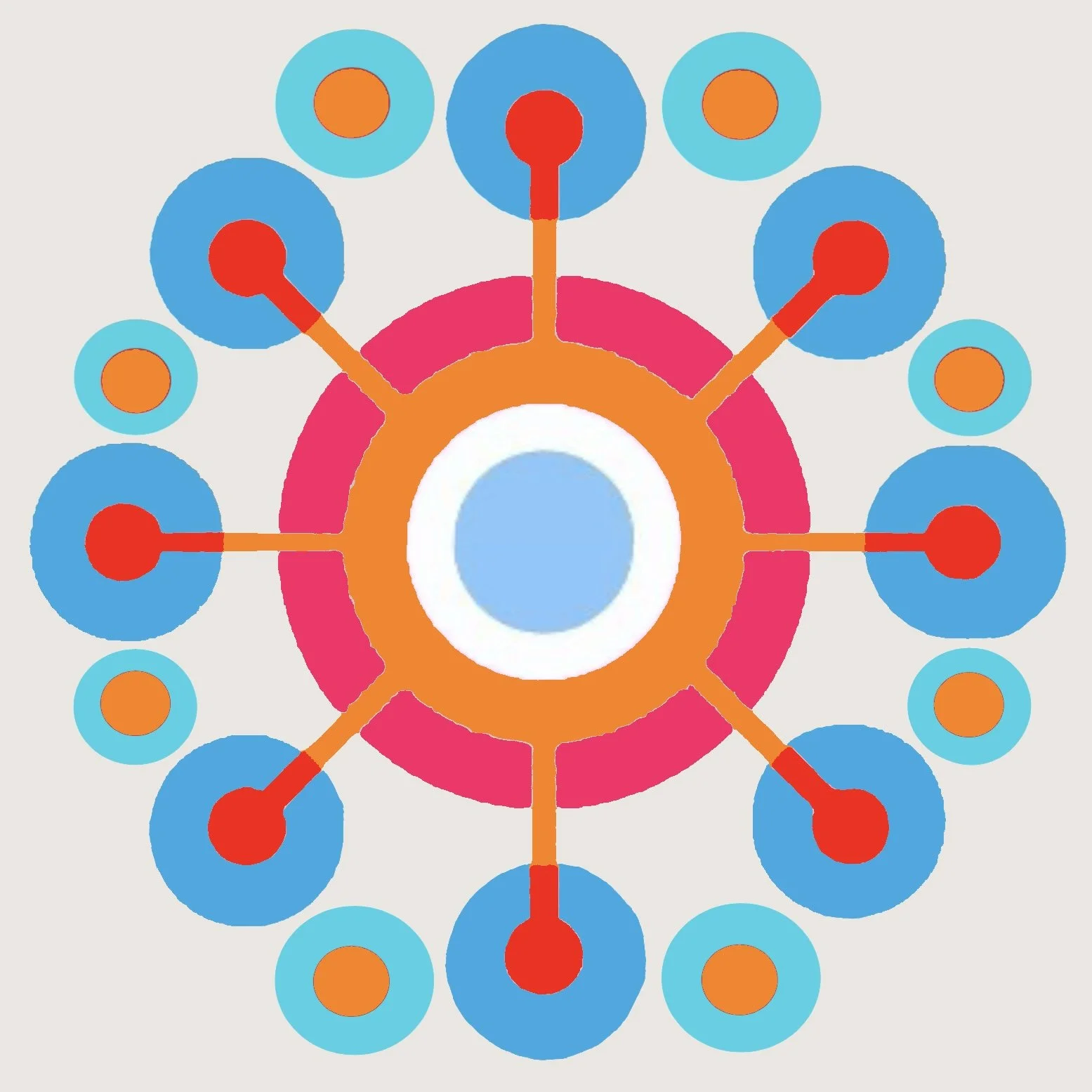 Colorful radial network diagram with a central blue-and-white circle, concentric orange and pink rings, and connected red, blue, turquoise, and orange nodes.