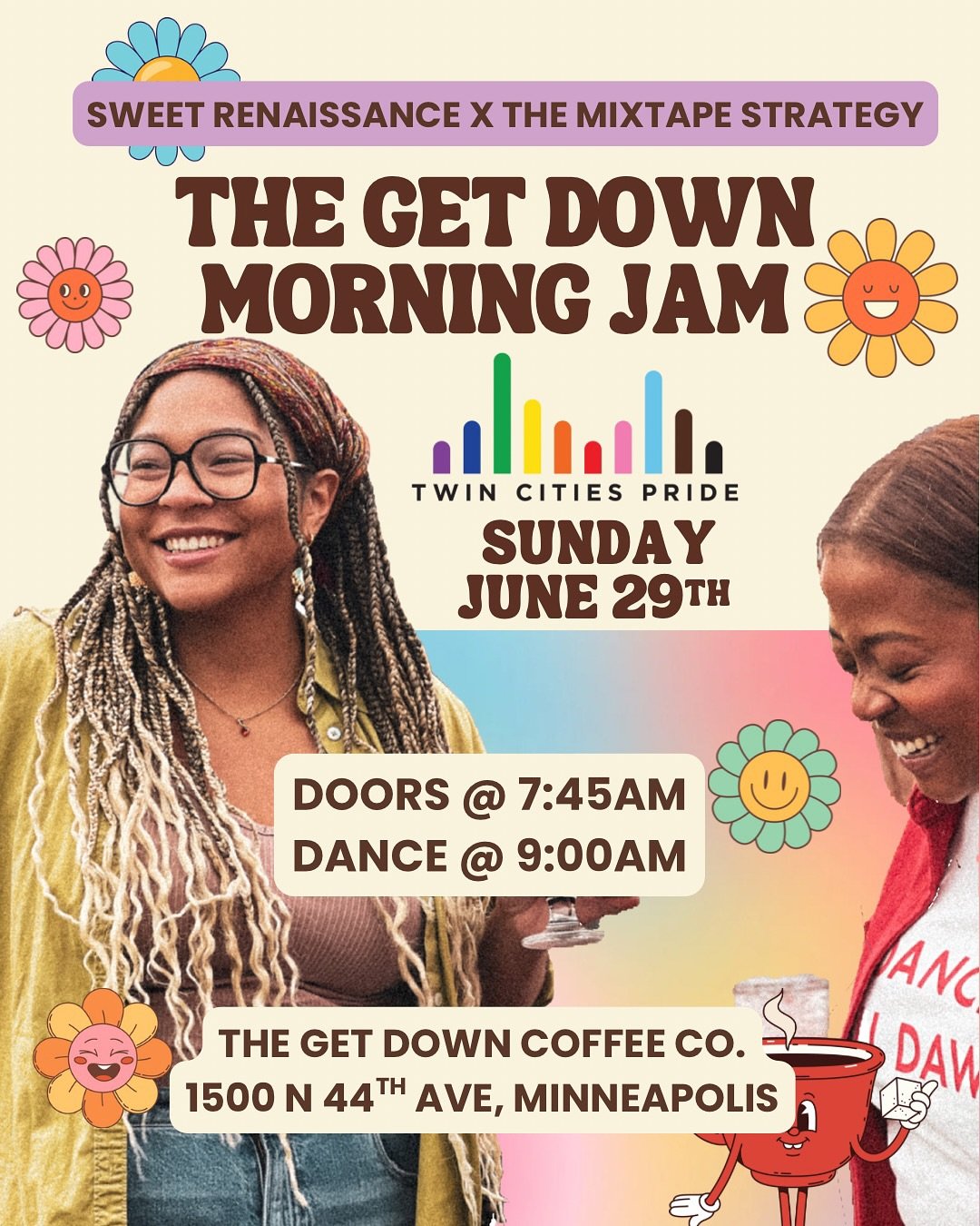 VIBES. COFFEE. COMMUNITY. PRIDE! @twincitiespride  🎧 Join us for The Get Down Morning Jam 🎧   🗓️ When: Sunday, June 29th | Time: 8&ndash;11 AM
📍 Where: The Get Down Coffee Co. @thegetdowncoffeeco   🎶 DJ Val Marie &amp; Sean G spinning Afrobeats,