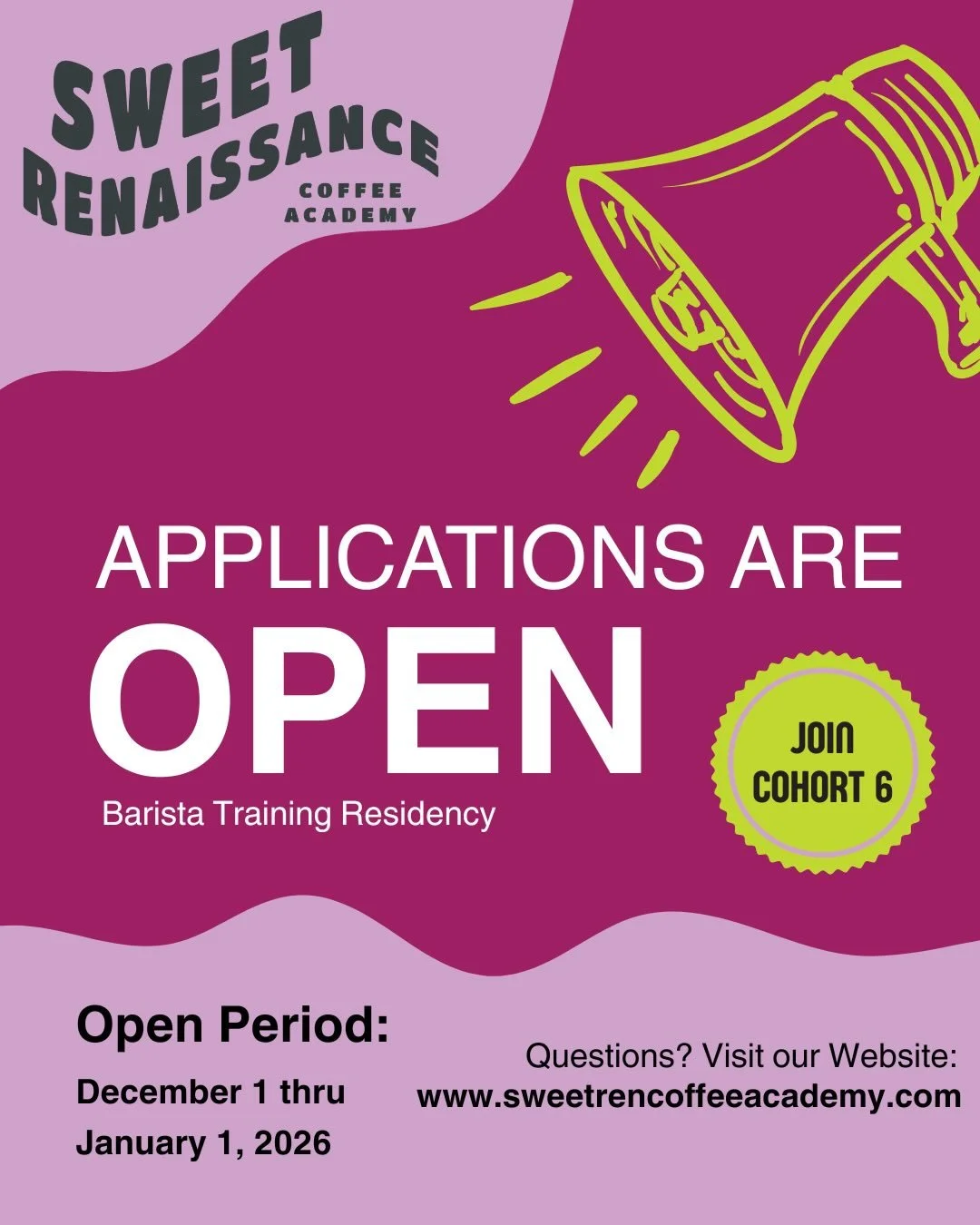 🎉 IT&rsquo;S THAT TIIIIME 😁 COHORT 6 APPLICATIONS ARE OFFICIALLY OPEN! 🎉

If you&rsquo;ve been dreaming about leveling up your coffee skills, finding your people, and stepping into a space that actually pours into you&hellip; your moment has arriv