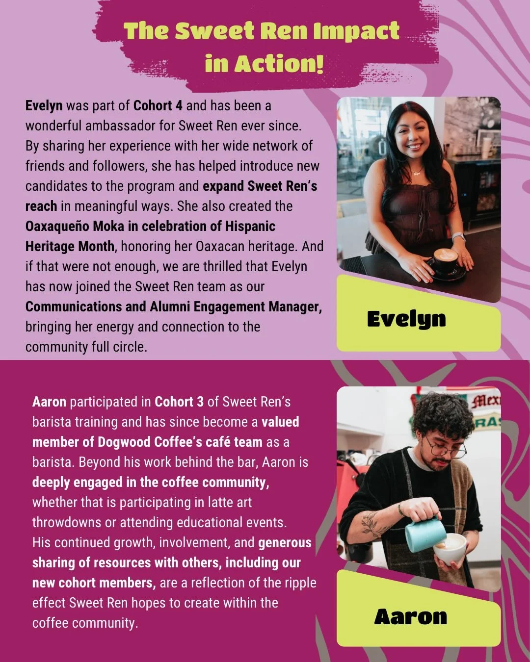 One of the best parts of Sweet Ren is seeing where our alumni go next. ☕
Today we&rsquo;re highlighting some of the many alumni making an impact in the coffee community.