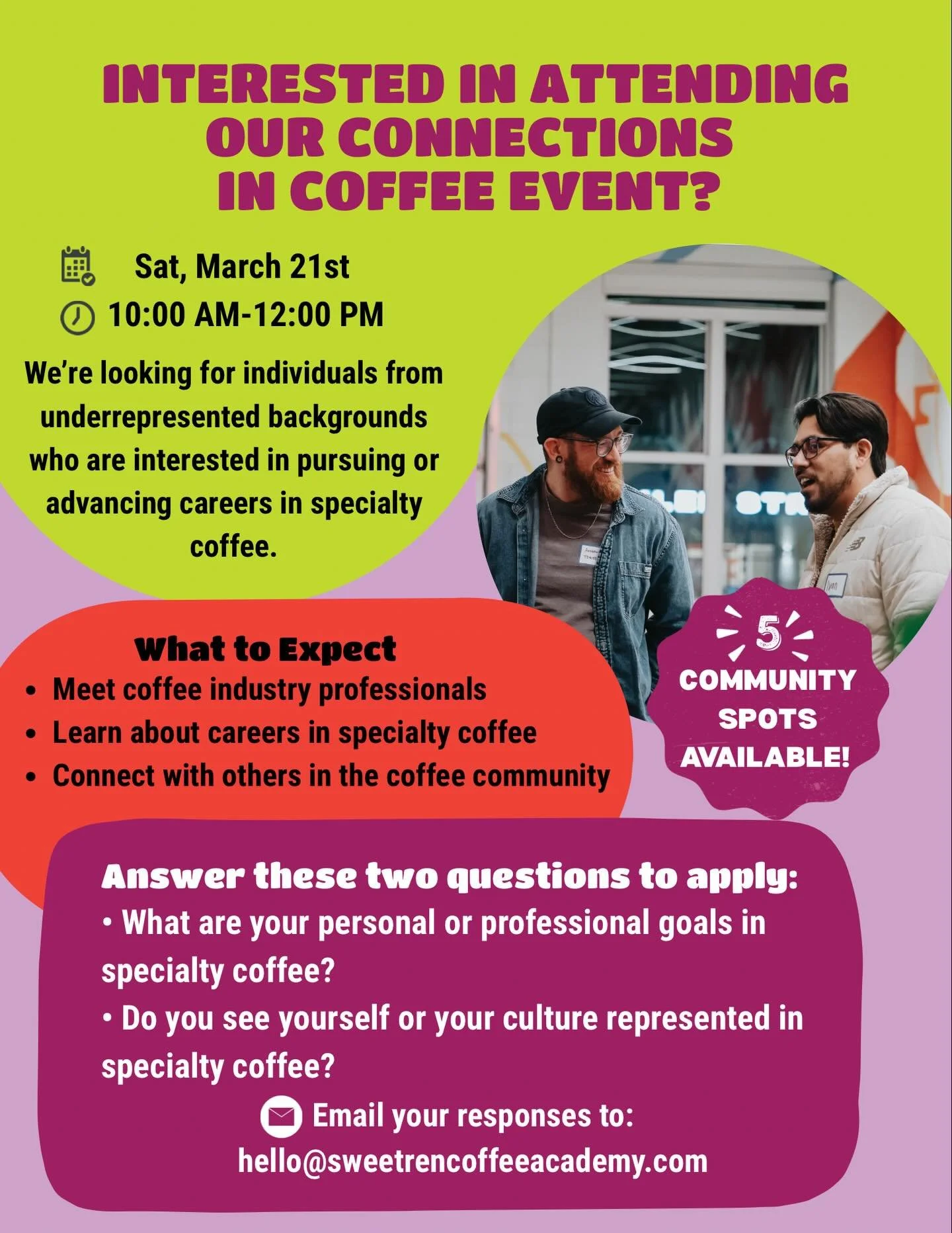 ☕ Curious about a future in specialty coffee?

We&rsquo;re opening 5 community spots for our Connections in Coffee event in the Twin Cities area! Come meet coffee professionals, learn about careers in coffee, and connect with others in the community.