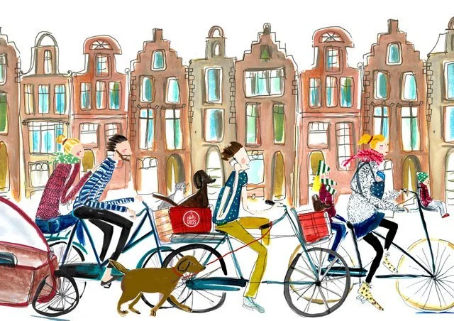 Illustration showing stream of bicycle riders on Dutch bikes biking in Amsterdam with canal houses in background
