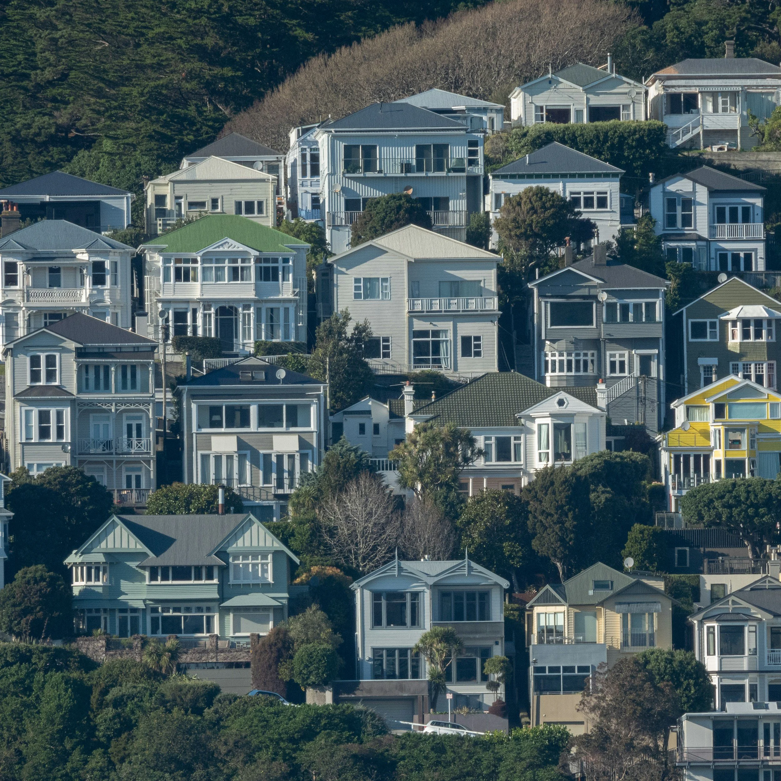 A telephoto view of multi-story residential houses built closely together on a steep hillside in Wellington, New Zealand, featuring diverse architectural styles and colors.
