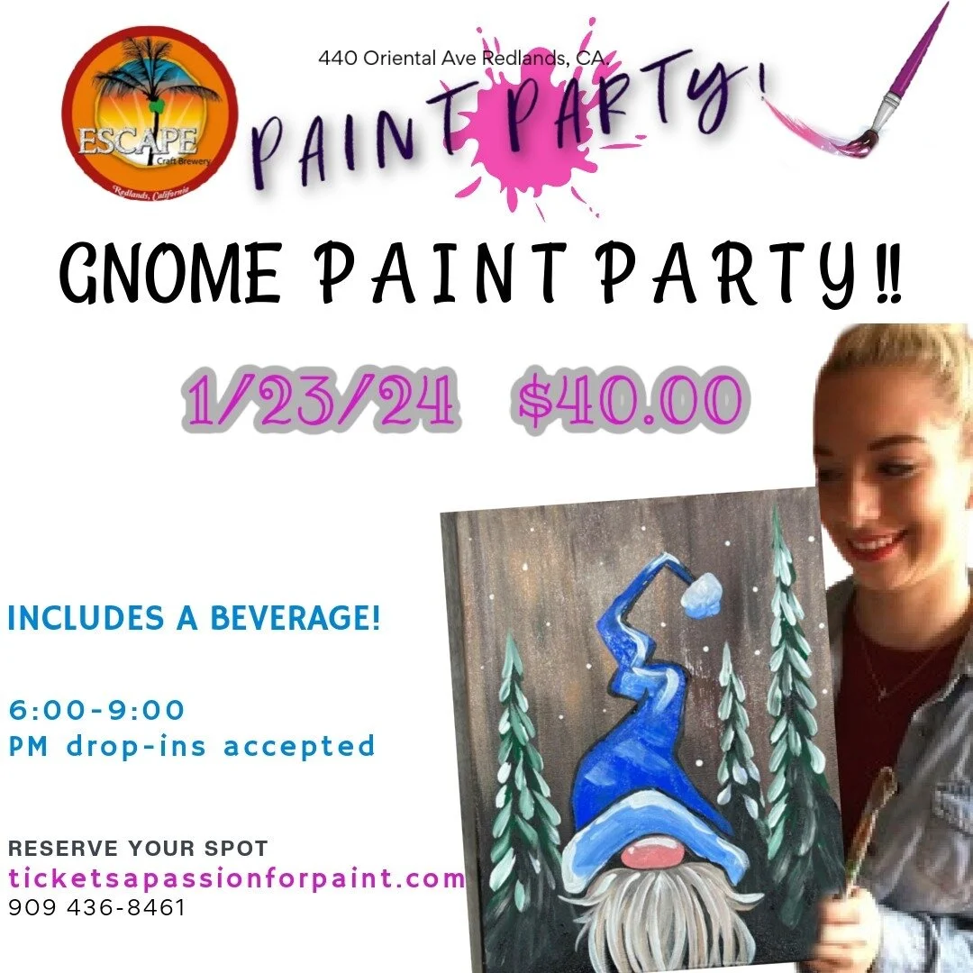 Escape Brewery Paint Party
with A PASSION FOR PAINTING 
Featured Artist Molly Collins will guide you to create this fun painting of a Gnome. for only 40.00 and it includes a beverage so book today ticketsapassionforpaint.com
#painting #painting #beer