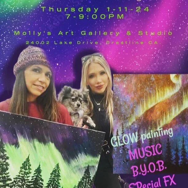 Northern Lights Paint Party!1-11-24 35.00 glow lights! Music includes a glass of wine or beer also B.Y.O.B.!
7-9PM Buy tickets now @ticketsapassionforpaint.com 
drop-ins are welcome!909 436-8461
#art #artistry #artinstructor #paintnight #sipnpaint #p