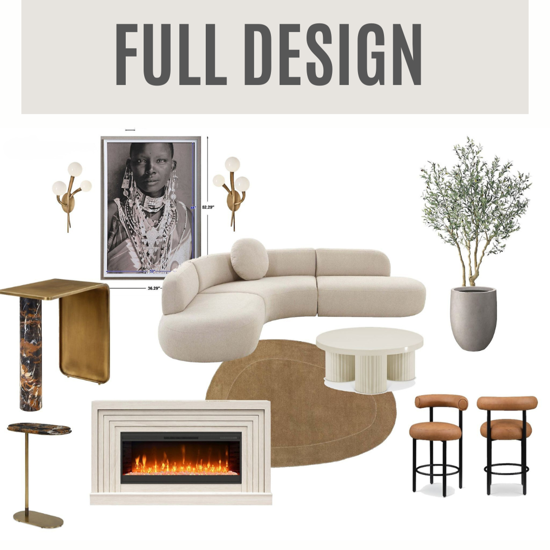 
This mood board, created as part of Remix Living’s Full Design Package, showcases a modern, curated living space rooted in warmth, texture, and sculptural forms. Soft, curved seating pairs with layered neutrals, marble accents, and a statement firep