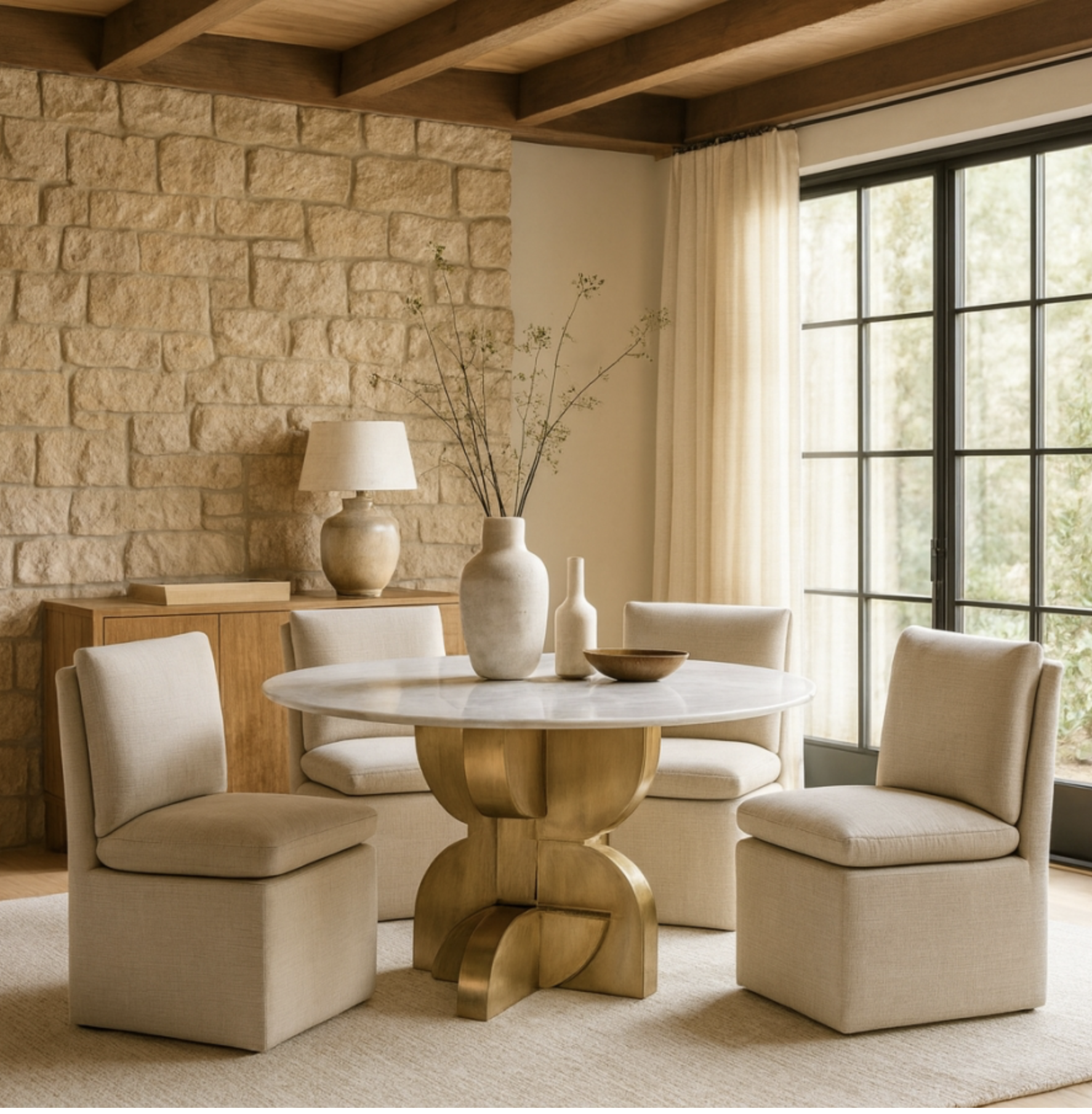 Alden 48” Marble Dining Table with Brass Base