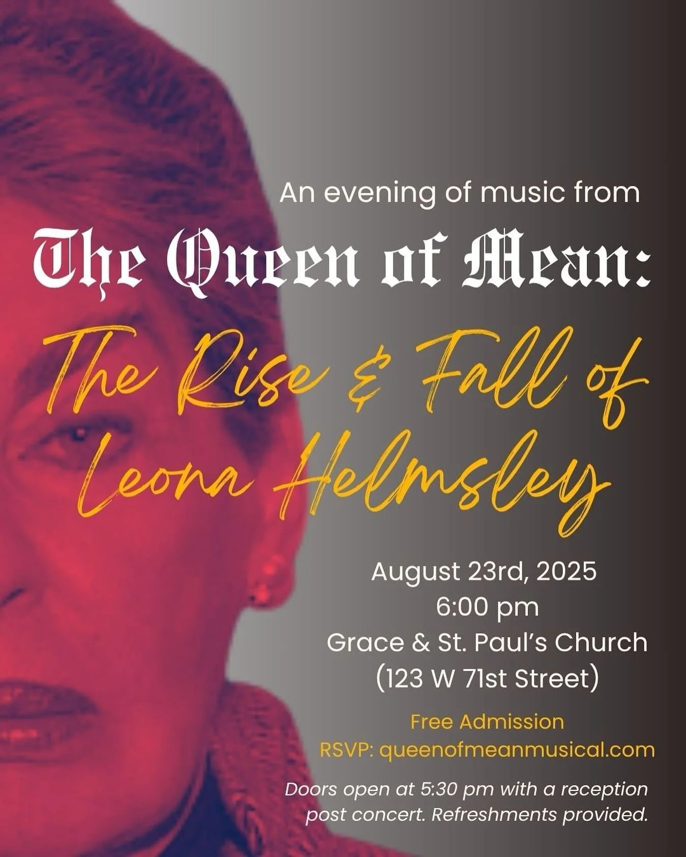 Come celebrate with us on the Upper West Side as we present songs from our Leona Helmsley musical on August 23rd! Featuring some of the best talent NYC and beyond has to offer along with music direction by the one and only @vadimfeichtner! Free to at