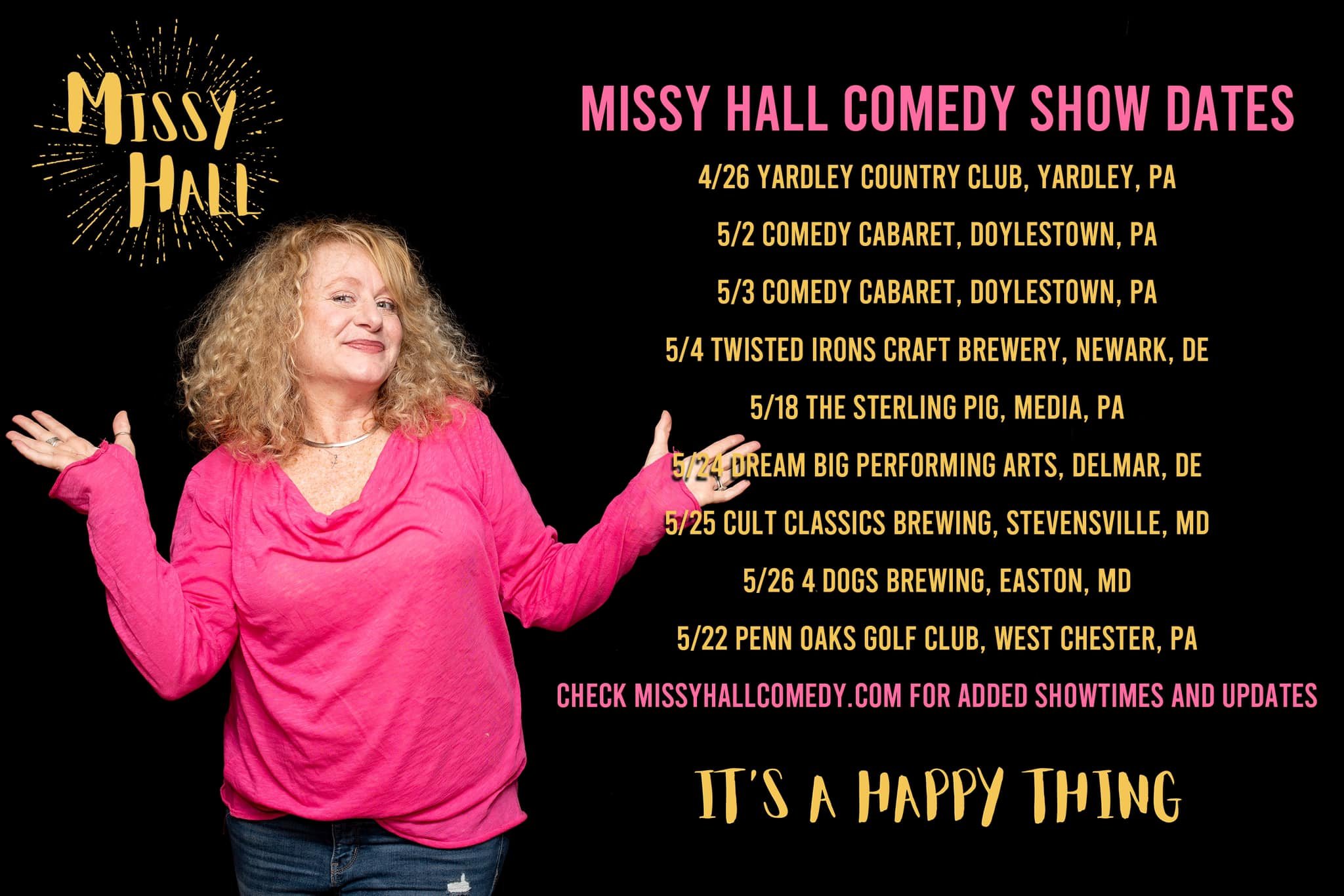 Hi friends! If you haven&rsquo;t already, please head over to the Facebook page. I&rsquo;m moving everything to, Missy Hall, Queen of Happy Things. In the meantime, here&rsquo;s what the next few weeks look like. Xoxo