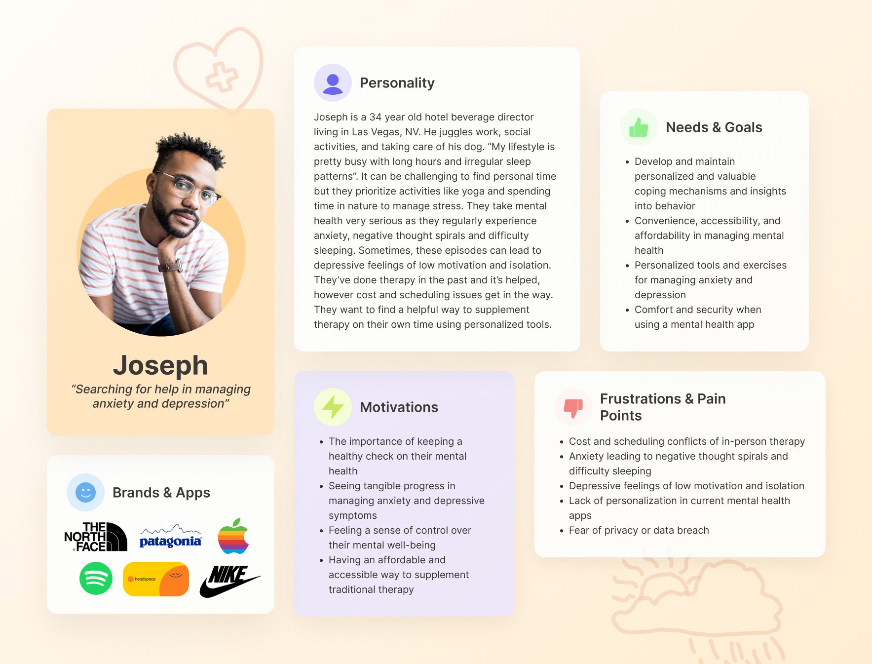 UX design user persona Joseph. Summarizes all of the important insights, motivations, needs, and frustrations  highlighting a glimpse of the target user for a mental health therapy app.