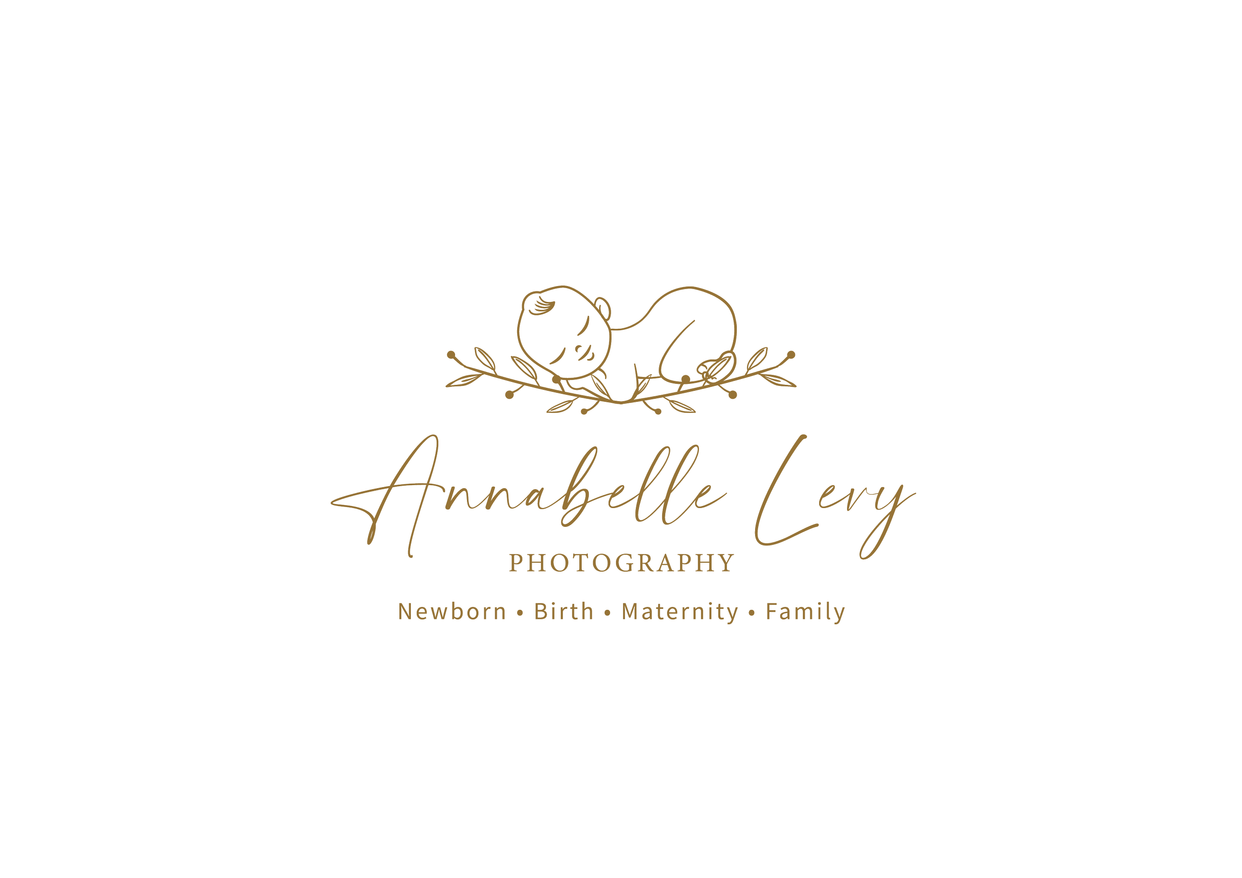Logo for Annabelle Levy Photography featuring a line drawing of a sleeping baby on a branch with the text 'Annabelle Levy Photography' and words 'Newborn, Birth, Maternity, Family'.