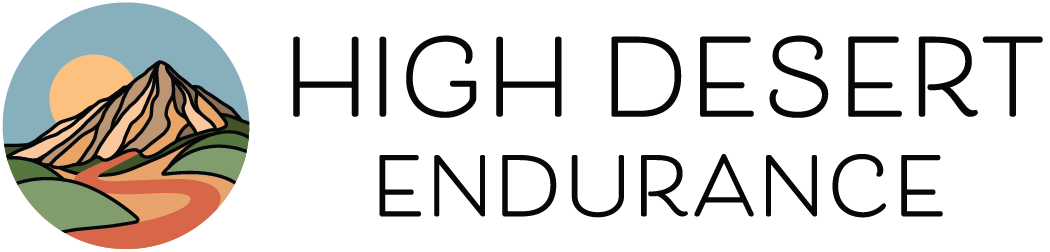Logo with stylized mountain, sun, and desert landscape, and text 'High Desert Endurance'