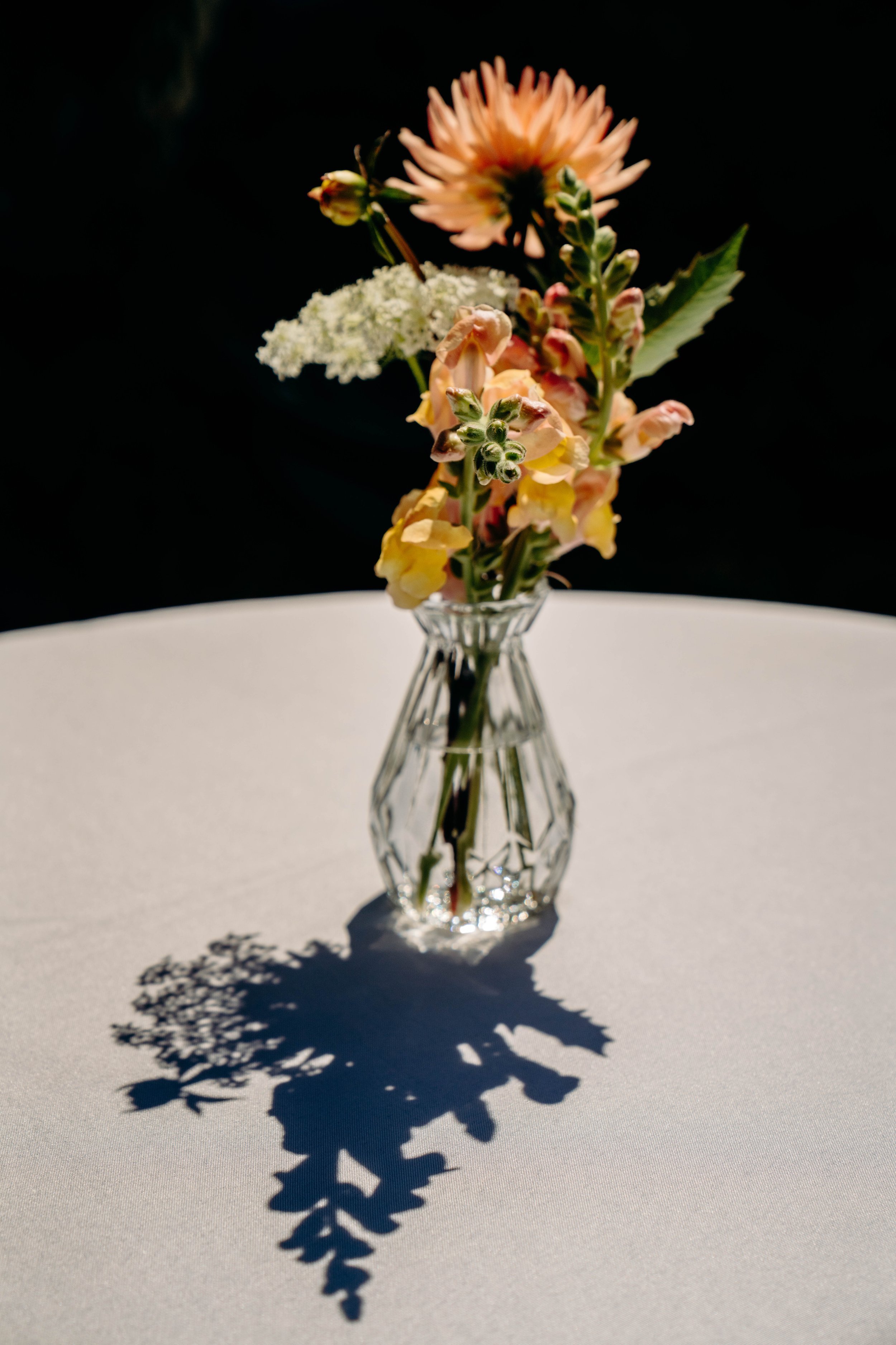 A small bouquet of flowers in a clear glass vase on a white table, with a shadow cast on the table.