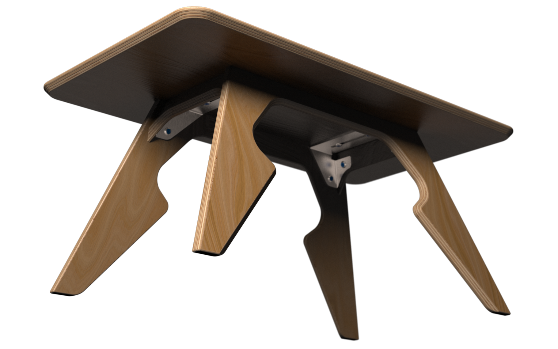 Close-up of a modern wooden table with angled legs, viewed from below against a black background.