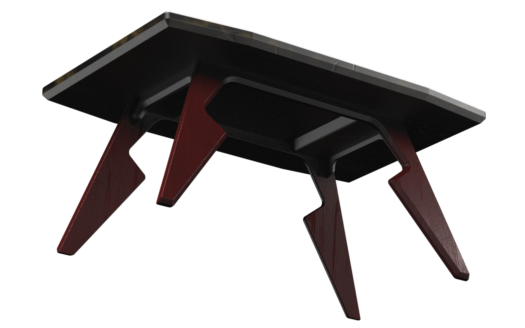 Close-up of a modern black and red wooden table with angled legs, viewed from below.