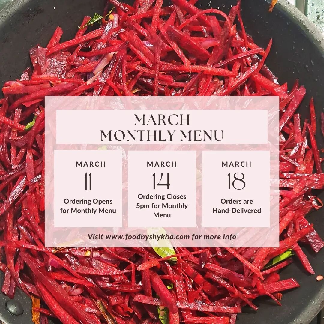 Here it is! 
Visit link in bio @foodbyshykha to place your order

Order Cut Off - Thurs 14th March 5pm
Deliveries - Mon 18th March 

#foodbyshykha #monthlymenu #preodermeals 
#homecookedmeals #srilankancurries #vegancurry #glutenfree #soulfood #march