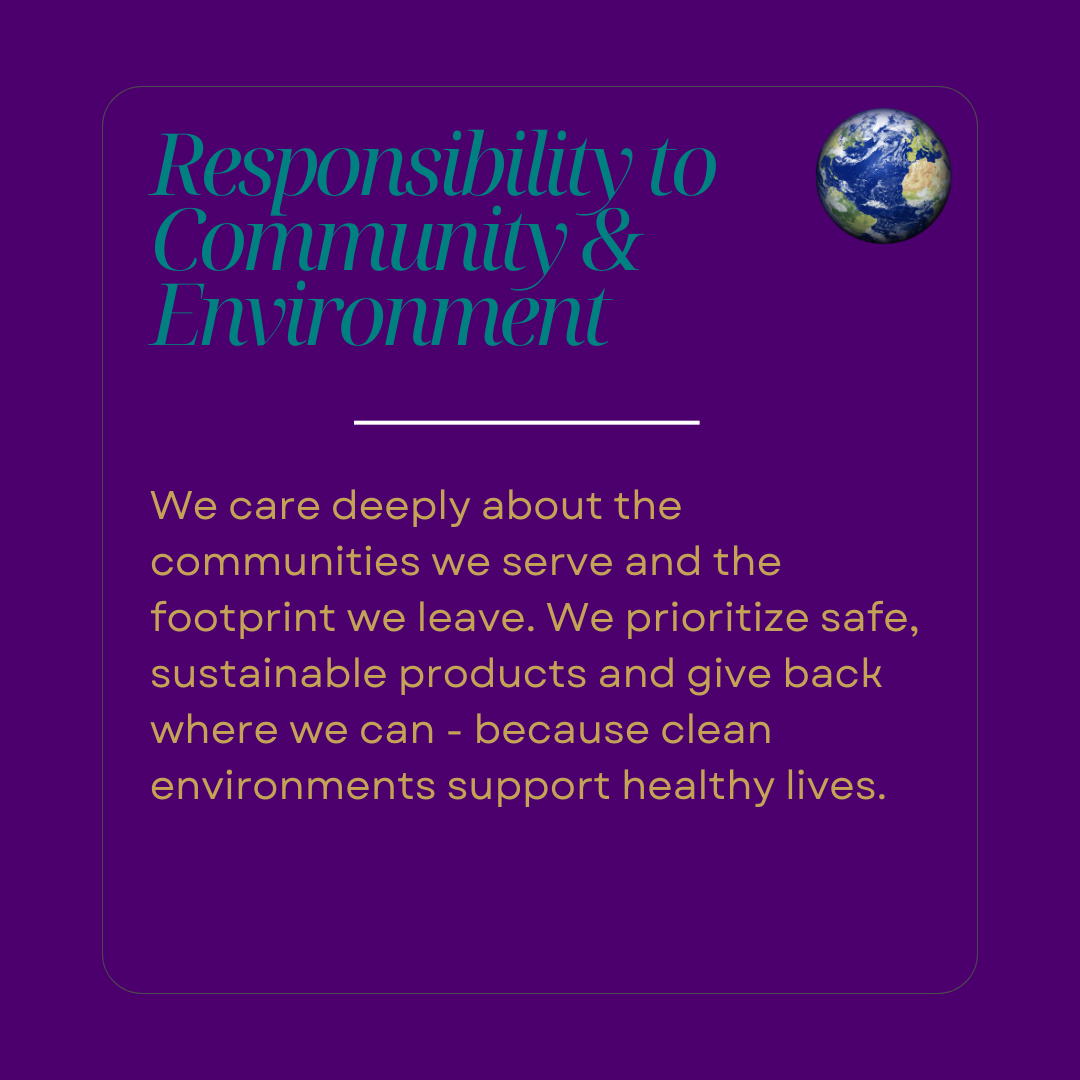 A purple background with green, yellow, and white text about environmental responsibility, including an image of Earth in the upper right corner.