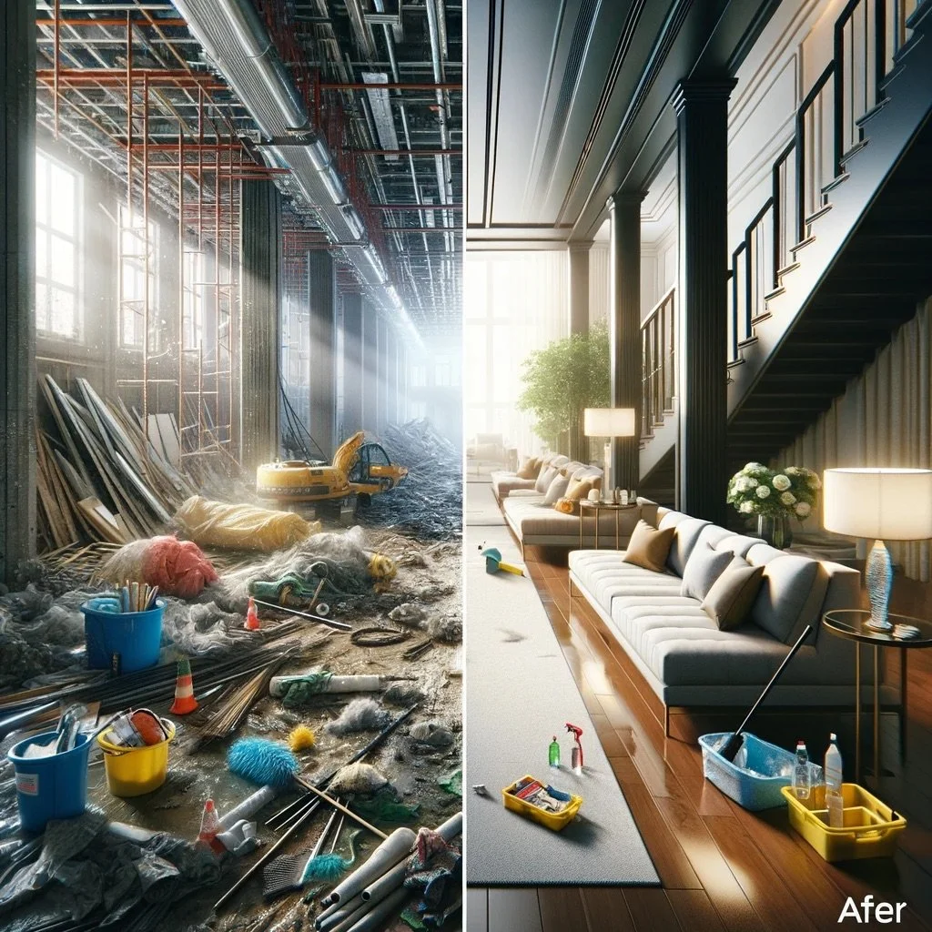 A split-screen image showing a building under construction or renovation on the left, with construction tools, debris, and scaffolding, and a finished, elegant living room on the right, with stylish furniture, a staircase, and sunlight coming through large windows.