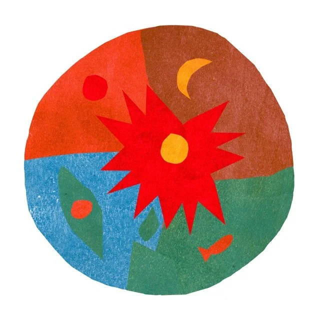 Colorful circular abstract artwork with a red star-shaped figure at the center, surrounded by various geometric shapes and color blocks including red, yellow, orange, green, and blue, resembling a conceptual landscape.