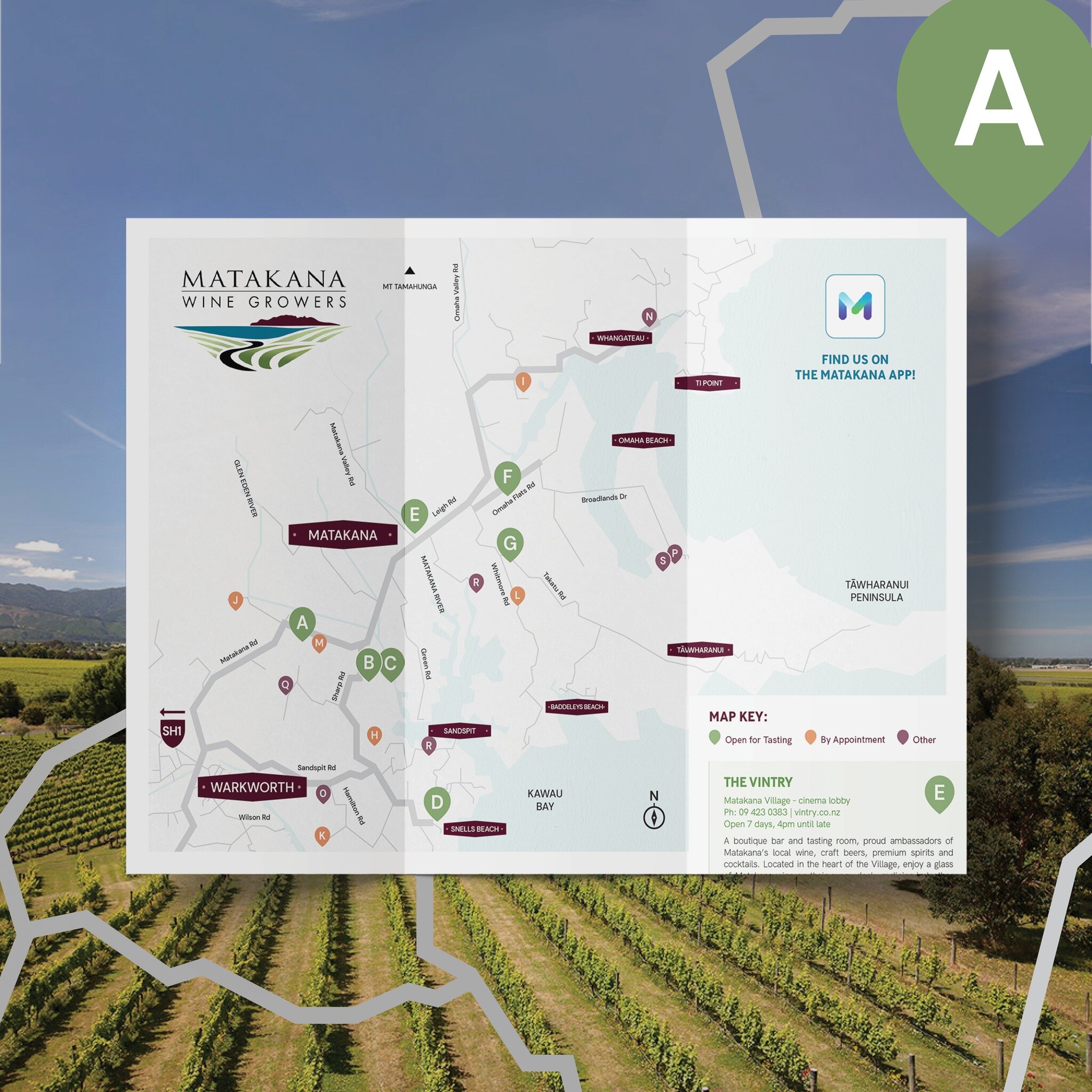 Design should help you find what you need, fast! We refined and simplified the Matakana Wine Growers map to hero all of your key destinations for the regions very best wines 🍷