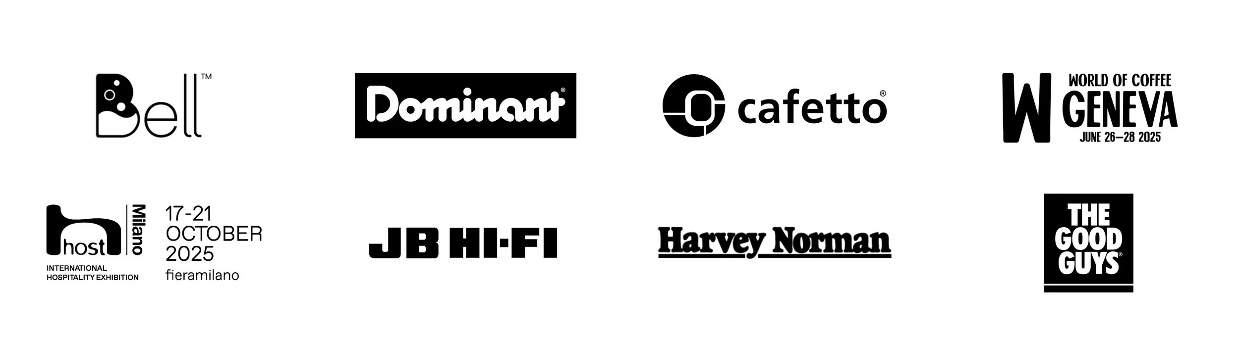 Collection of black and white logos for Bell, Dominant, cafetto, Geneva World of Coffee 2025, host Milano 2025, JB HI-FI, Harvey Norman, and The Good Guys, displayed in rows.