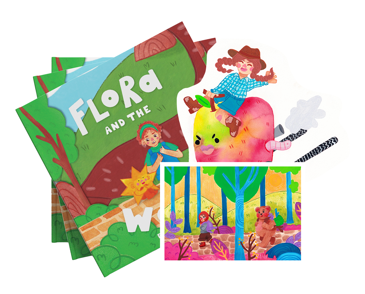 Colorful children's book titled 'Flora and the Worri' with illustrations of a girl riding a giant apple, a girl with a sun-shaped face, and a scene of kids and a bear in a forest with trees and plants.