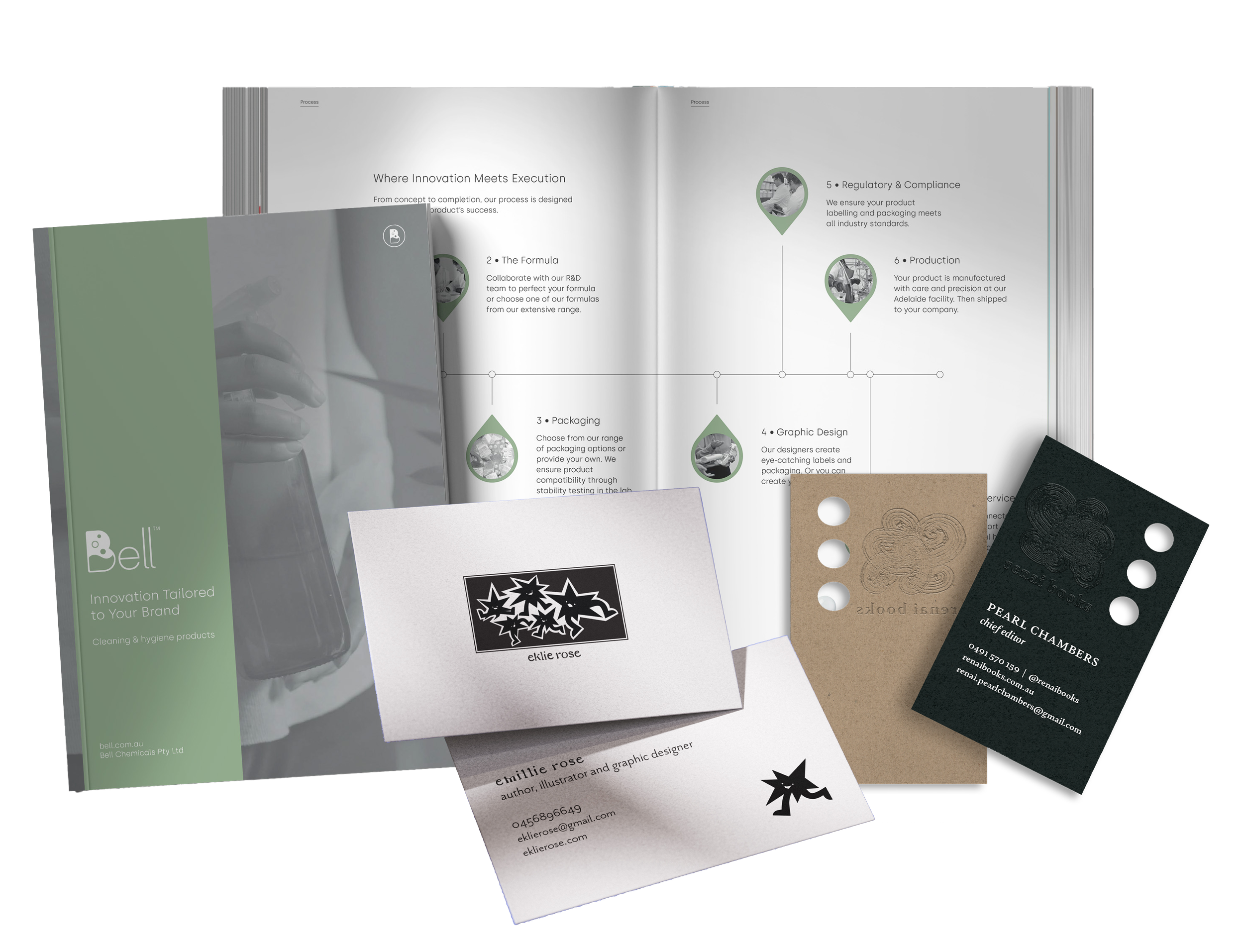 Business stationery and promotional materials, including a brochure with process steps, business cards, and tag cards, displayed on a transparent surface.