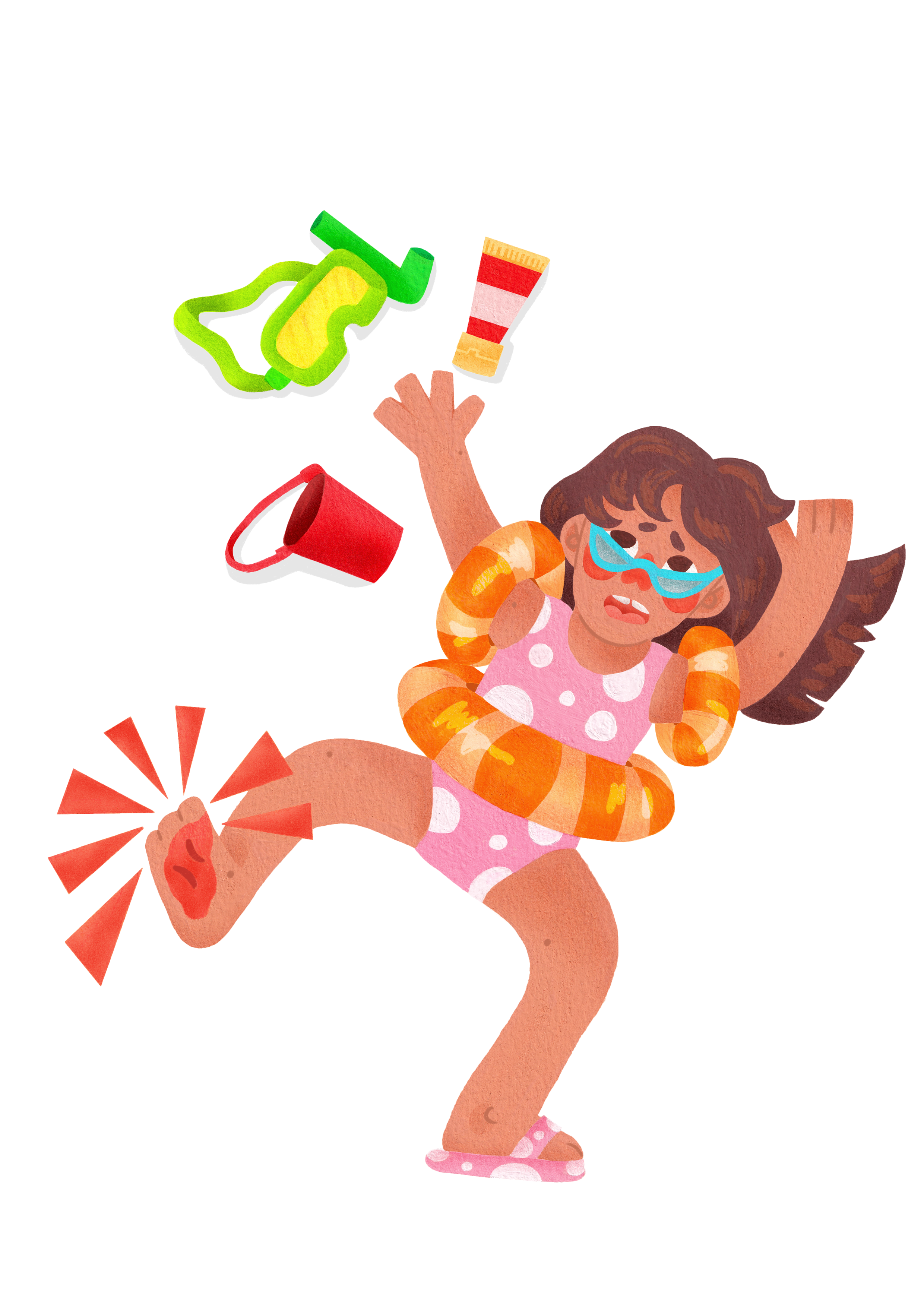 A girl in a pink polka dot swimsuit with swimming float ring is falling at the beach, with toys including a green and yellow shovel and pail, a red cup, and a red and white sand tube.