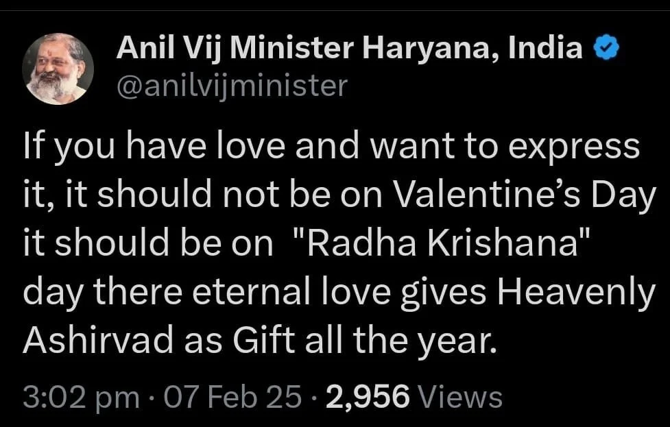 "यदि मन में प्रेम है तो इसे व्यक्त करने के लिए 'राधा-कृष्ण' दिवस होना चाहिए" - ऊर्जा, परिवहन एवं श्रम मंत्री अनिल विज