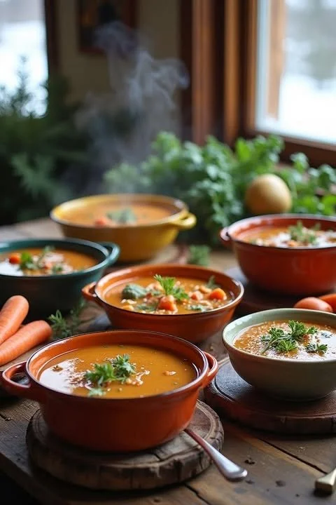 Four bowls of steaming soup on a wooden table with carrots and fresh herbs nearby, in a cozy kitchen setting.