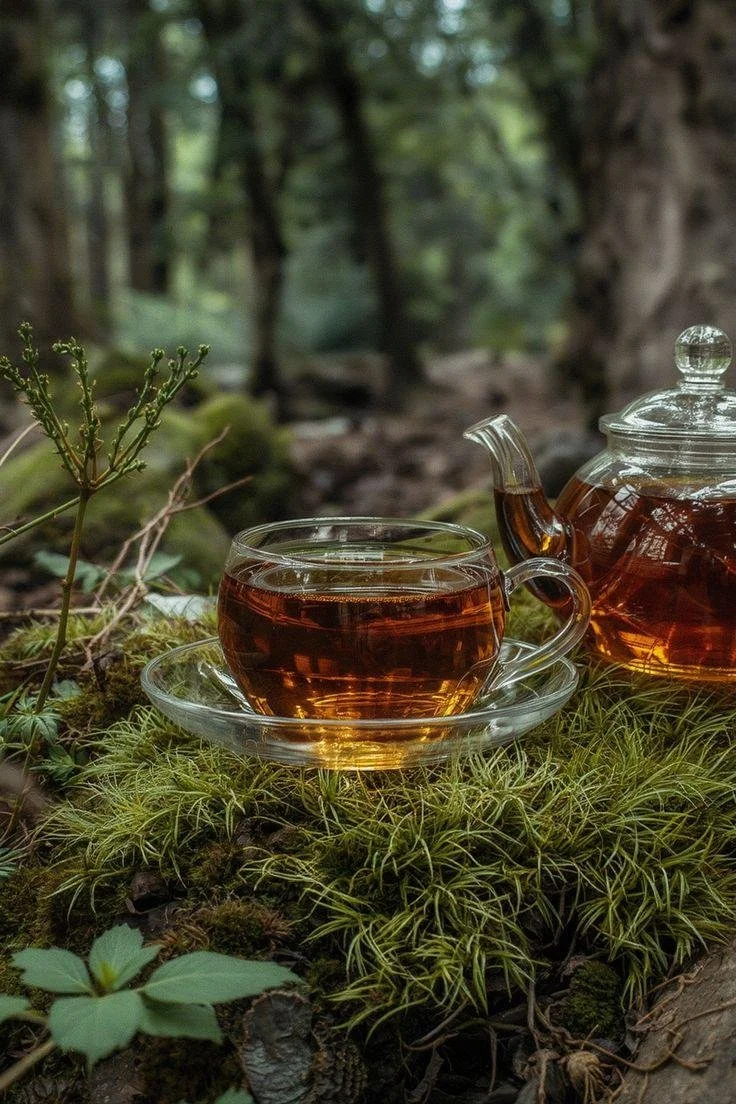 A glass teacup filled with tea on a saucer, with a glass teapot in the background, placed on moss in a forest setting.